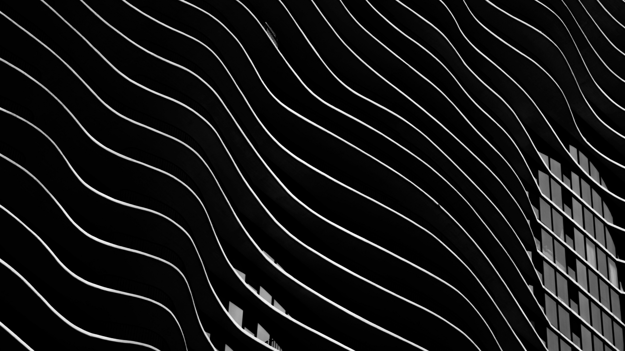 Download wallpaper 2048x1152 building, facade, curves, dark, surface ...