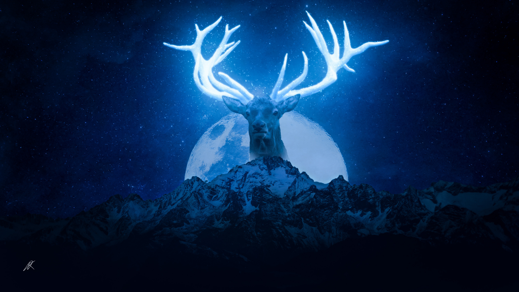 Deer horns, glowing horns, art, 2048x1152 wallpaper