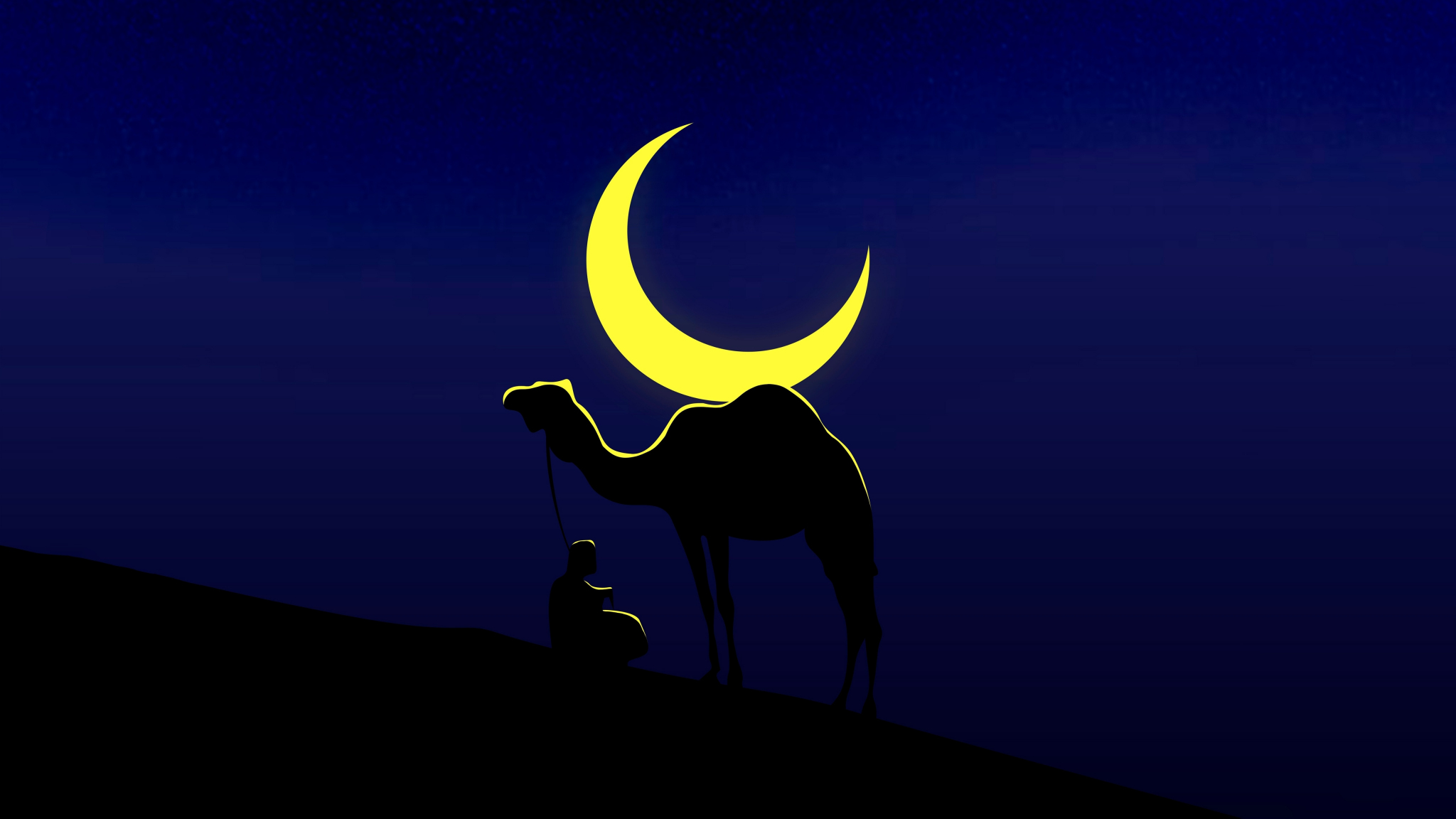 Camel and his master, moon, minimal, 2048x1152 wallpaper