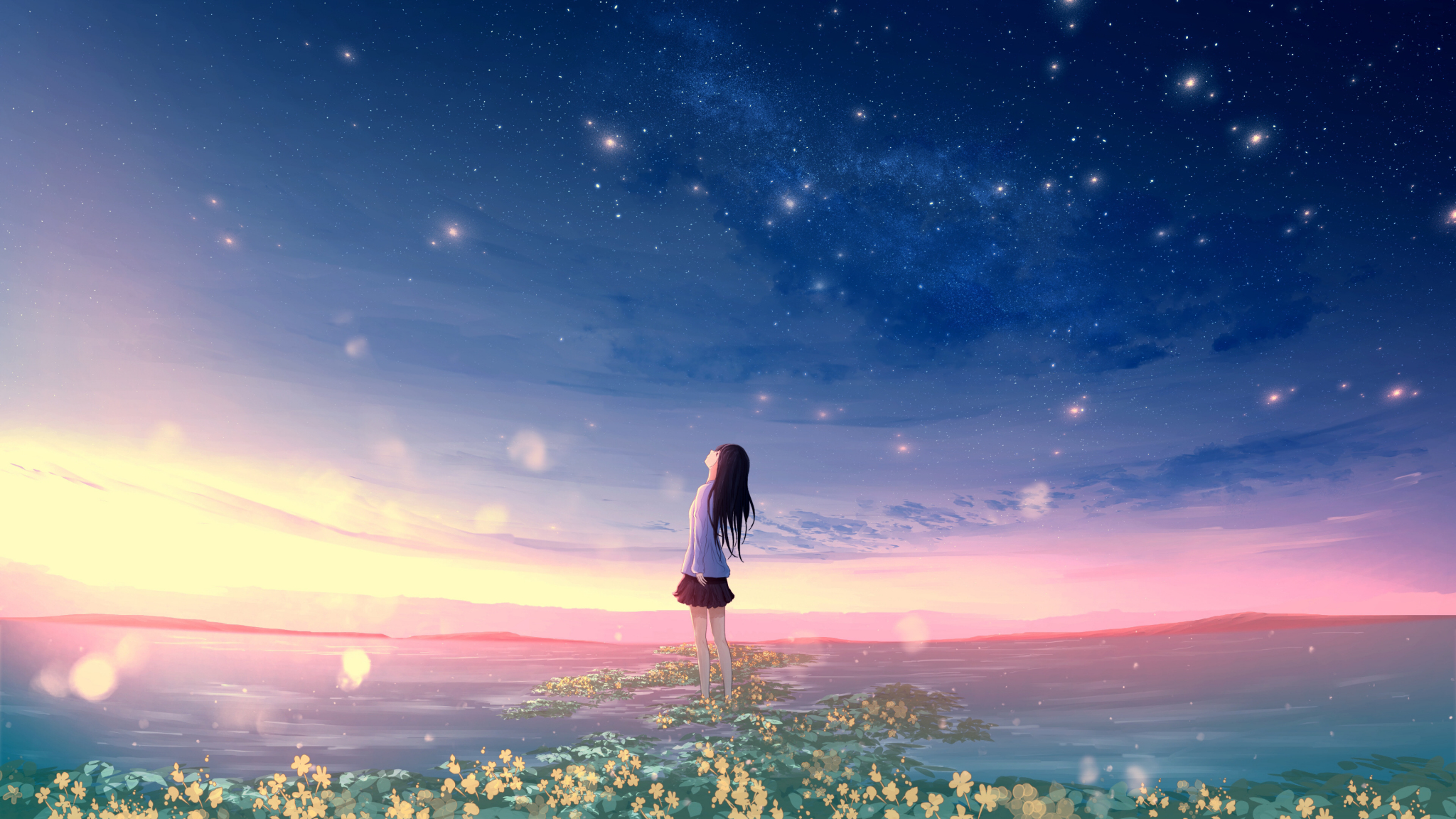 Download wallpaper 2048x1152 original, sunset, landscape, anime girl, dual  wide 2048x1152 hd background, 26323