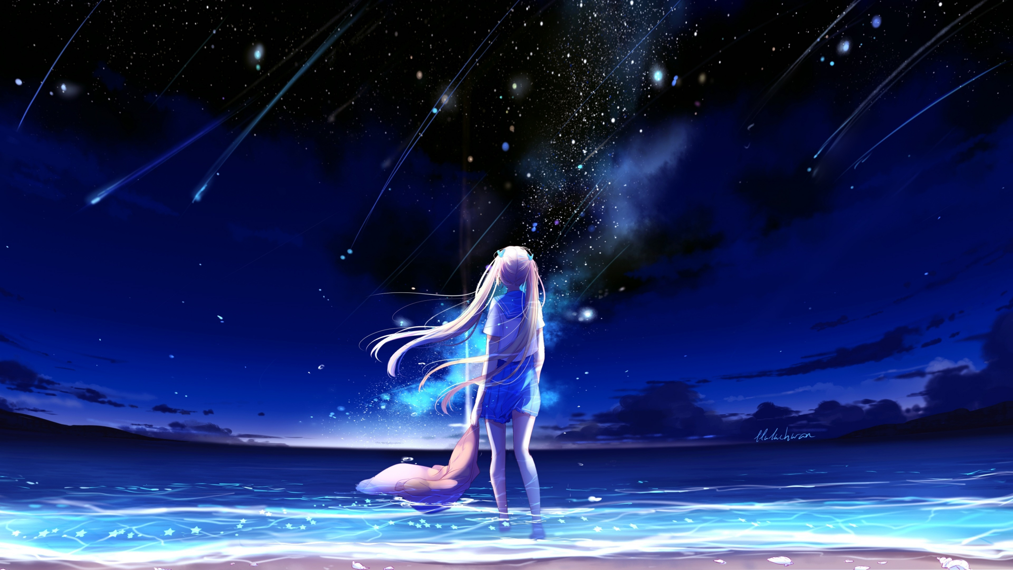 Download 2048x1152 Wallpaper Anime Girl Outdoor Night Starfall