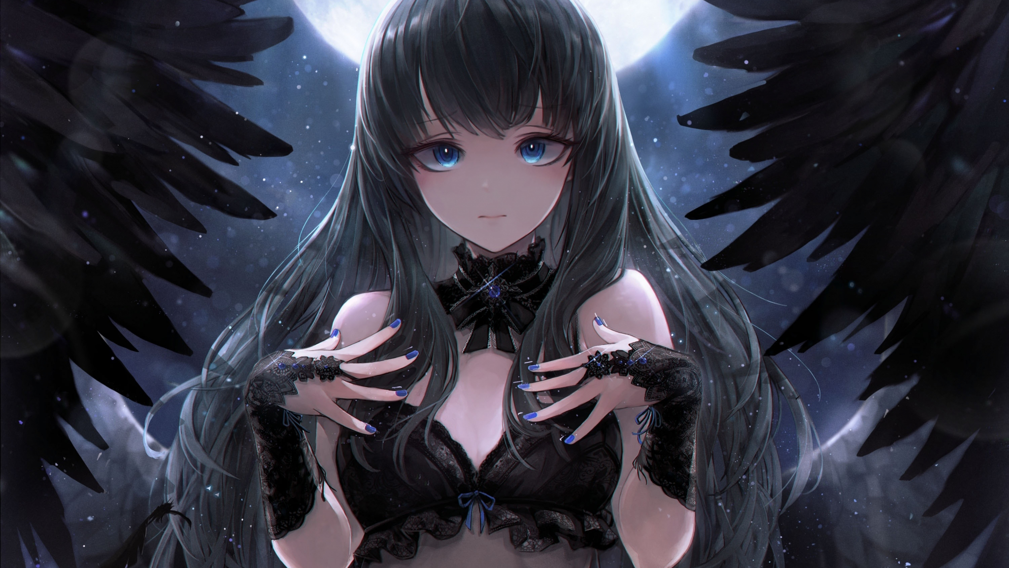 Download 2048x1152 Wallpaper Black Angel Cute Anime Girl Art