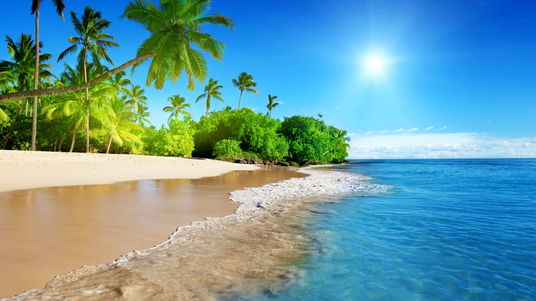 Tropical beach, sea, calm, sunny day, holiday, 2048x1152 wallpaper