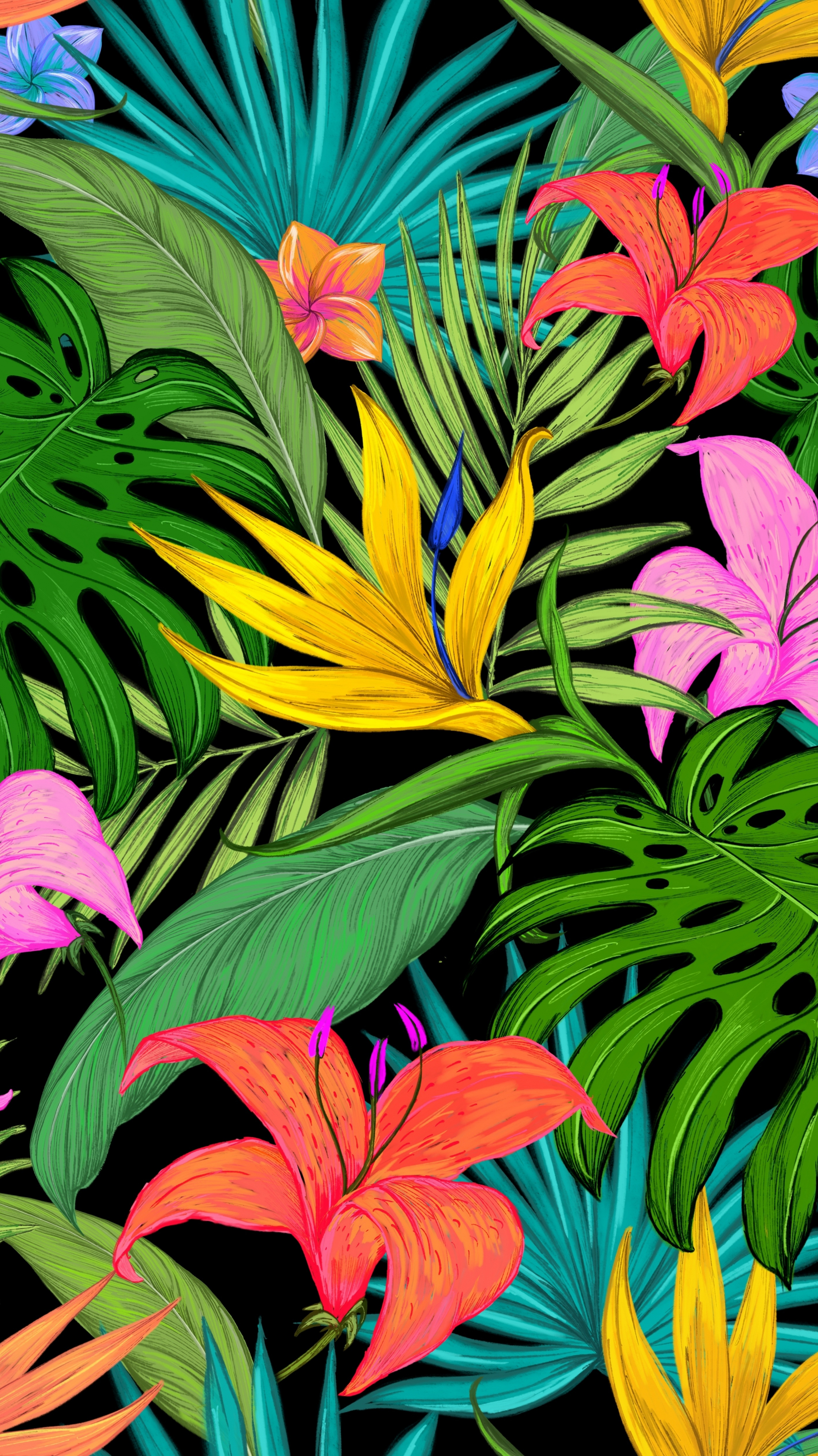 Pattern, tropical, flowers, leaves, 2160x3840 wallpaper