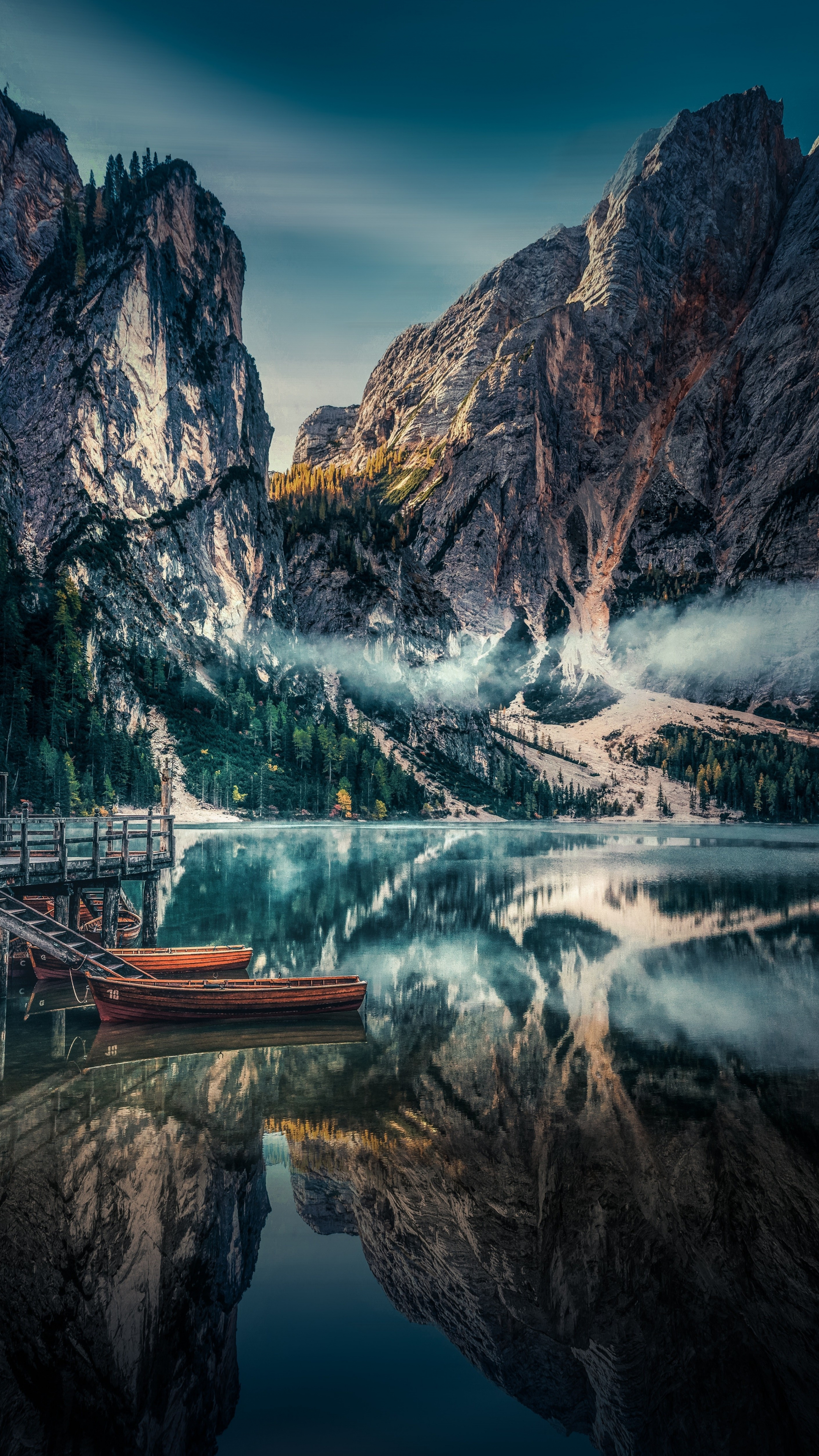 Download lake, boats, pier, mountains, reflections, nature 2160x3840