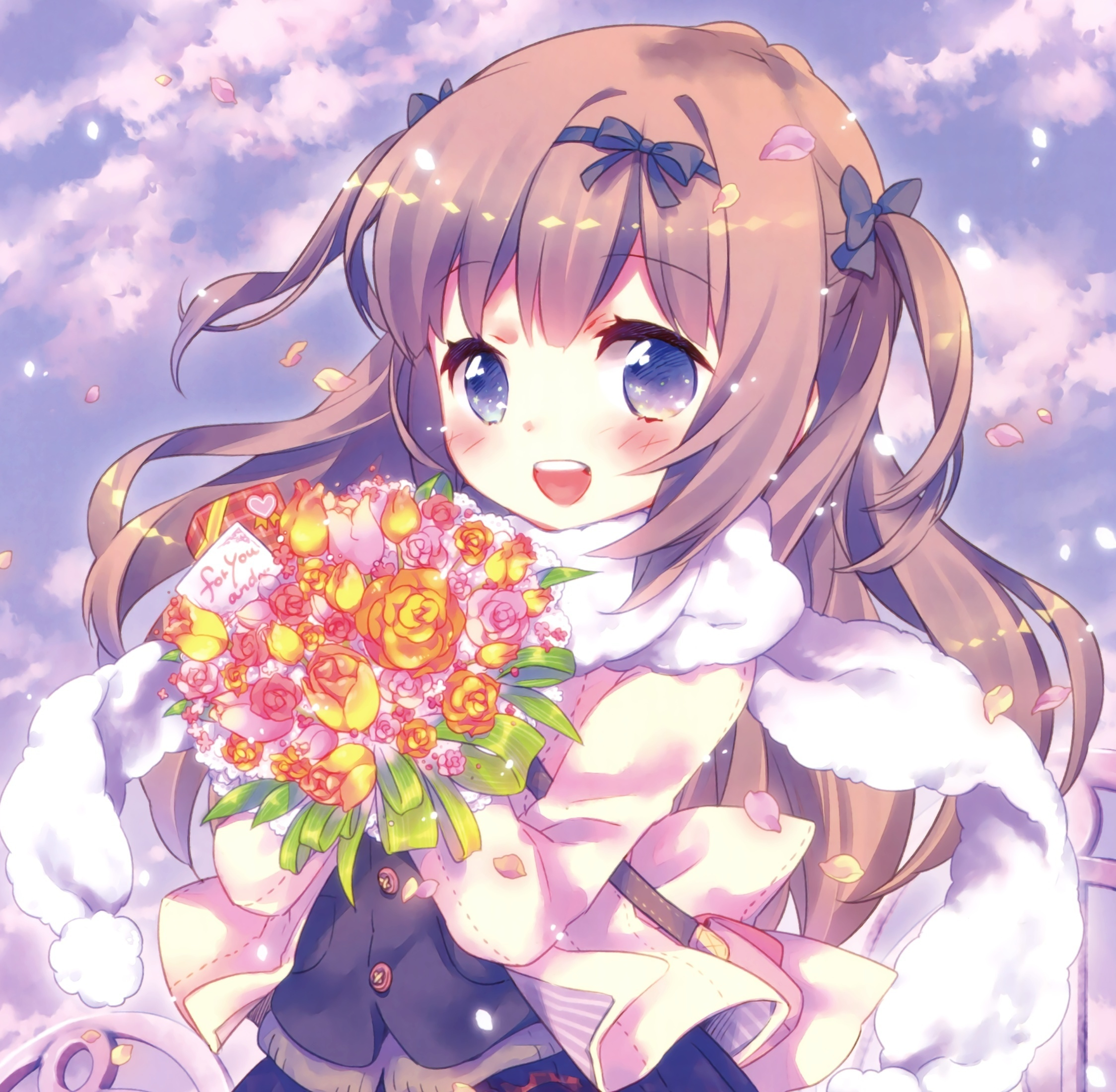 Download 2248x2248 Wallpaper Anime Girl Cute Flowers Bouquet