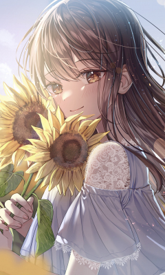 Sunflower and cute girl, anime, 240x400 wallpaper