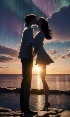 Couple's kiss, at the coast, sunset, art, 240x400 wallpaper