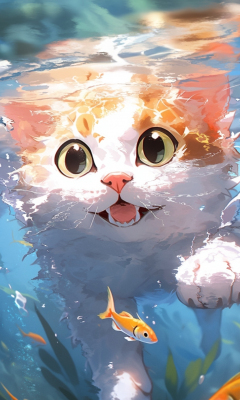 Cute kitten, swim underwater, art, 240x400 wallpaper