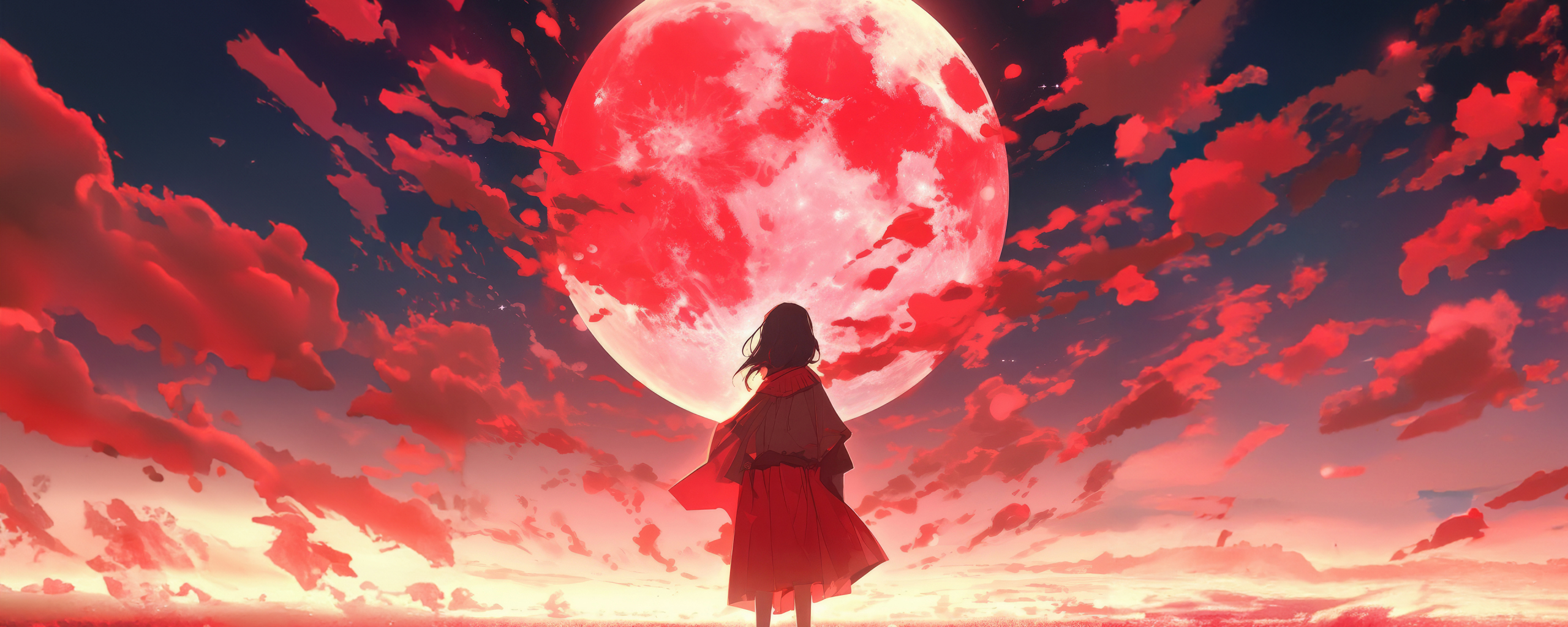 A world full of red, moon, anime, 2560x1024 wallpaper