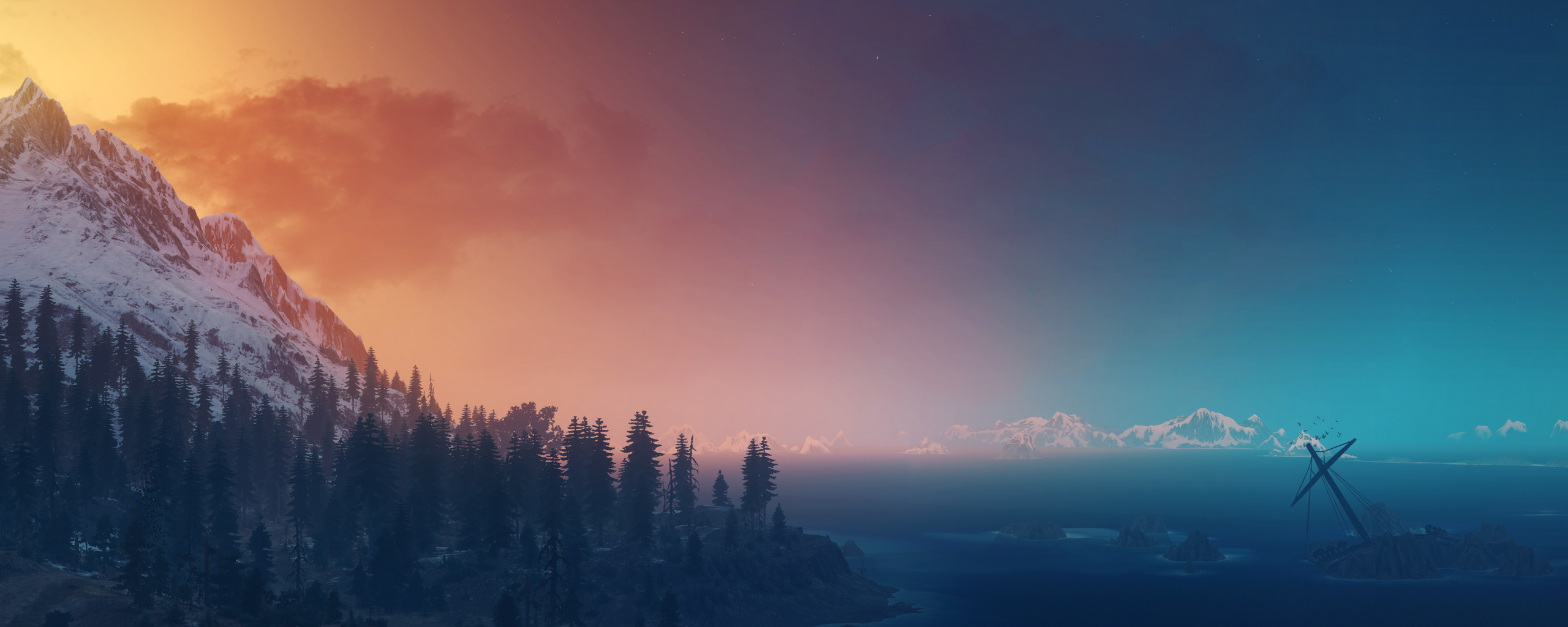 The Witcher 3: Wild Hunt, landscape, panorama, sky, 2560x1024 wallpaper