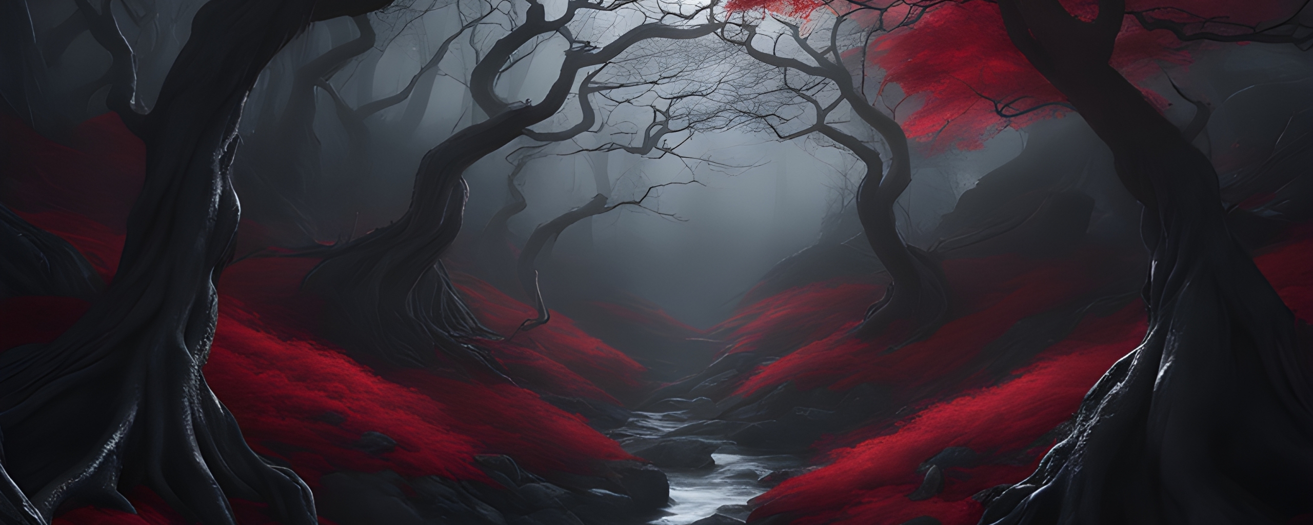 Dark forest, night with full moon, mystic world, 2560x1024 wallpaper