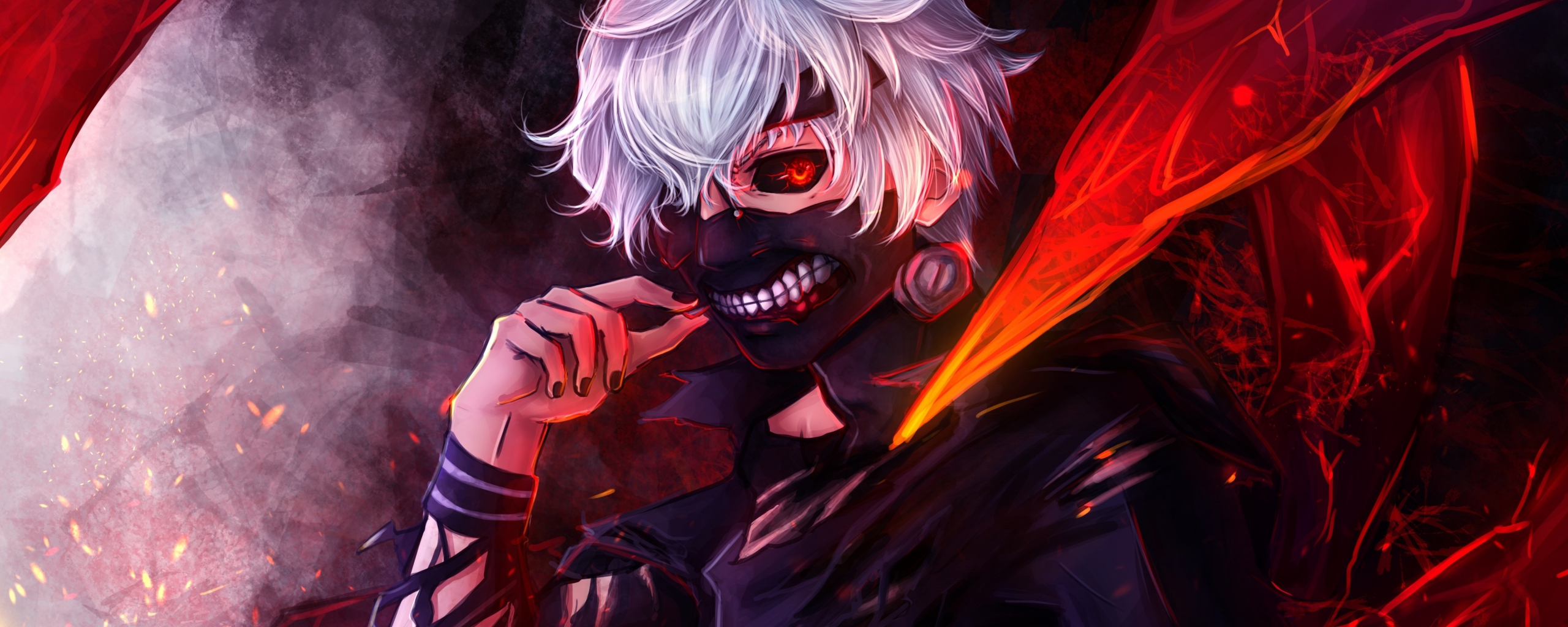 Download wallpaper 2560x1024 ken kaneki, white hair, artwork, dual wide ...