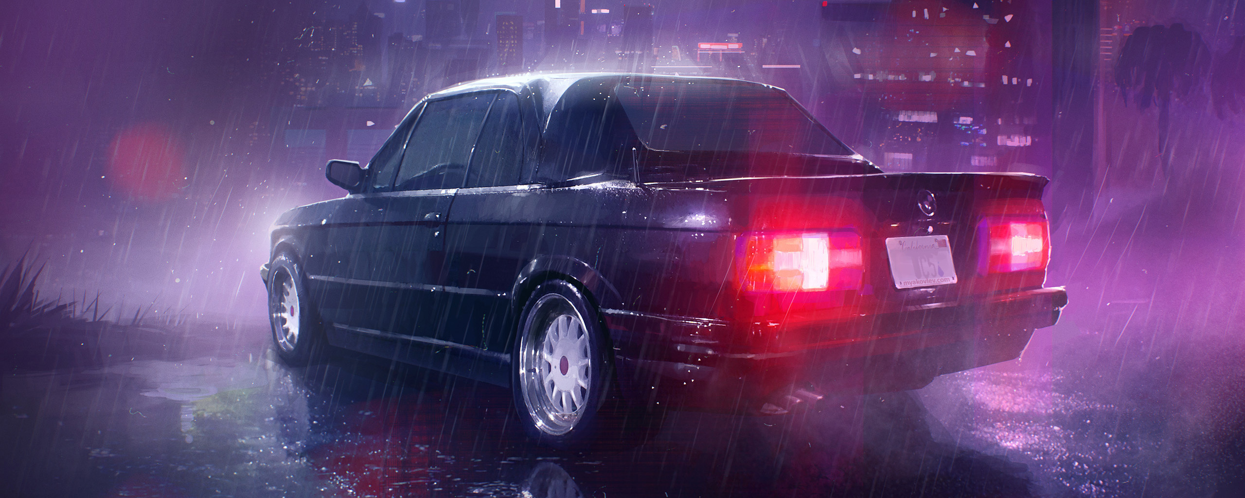 Rain, neon lights, taillight, car, art, 2560x1024 wallpaper