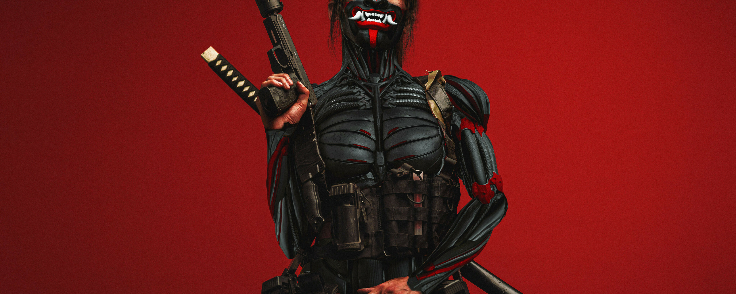 Cyberpunk ninja, with katana & gun, art, 2560x1024 wallpaper