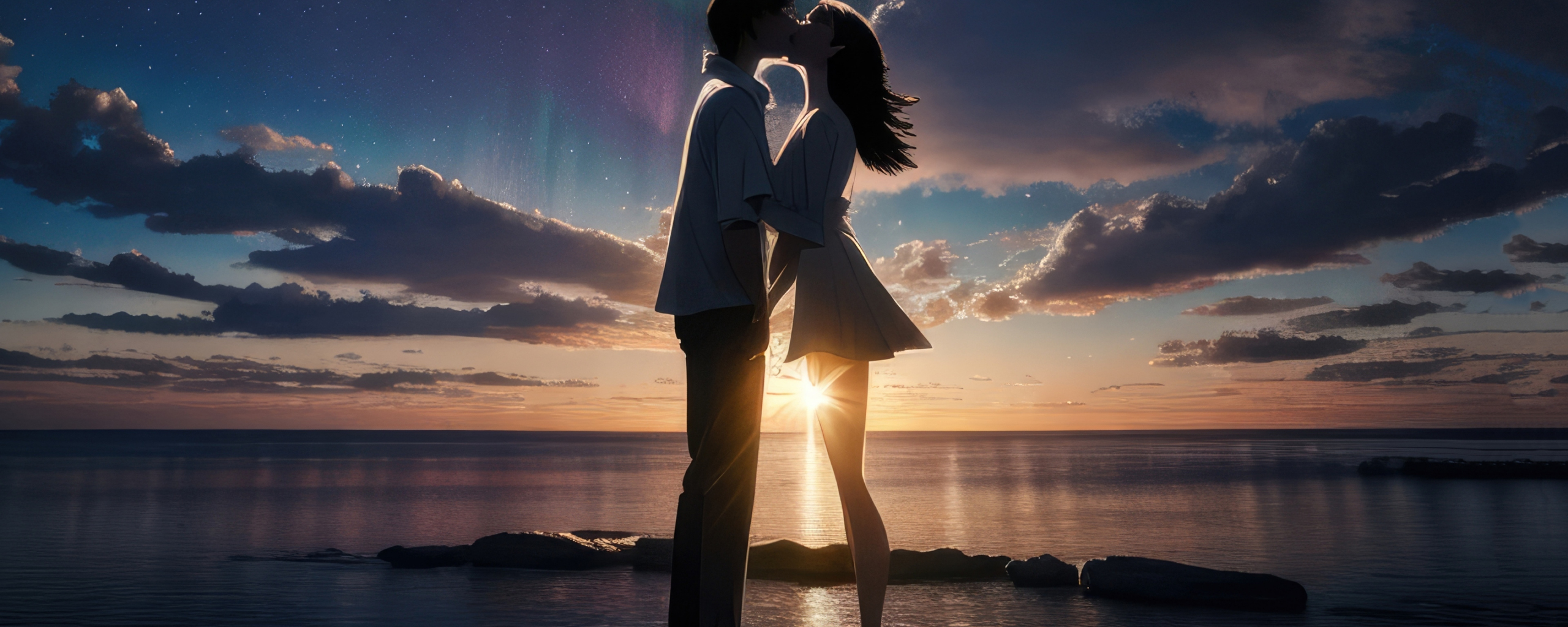 Couple's kiss, at the coast, sunset, art, 2560x1024 wallpaper