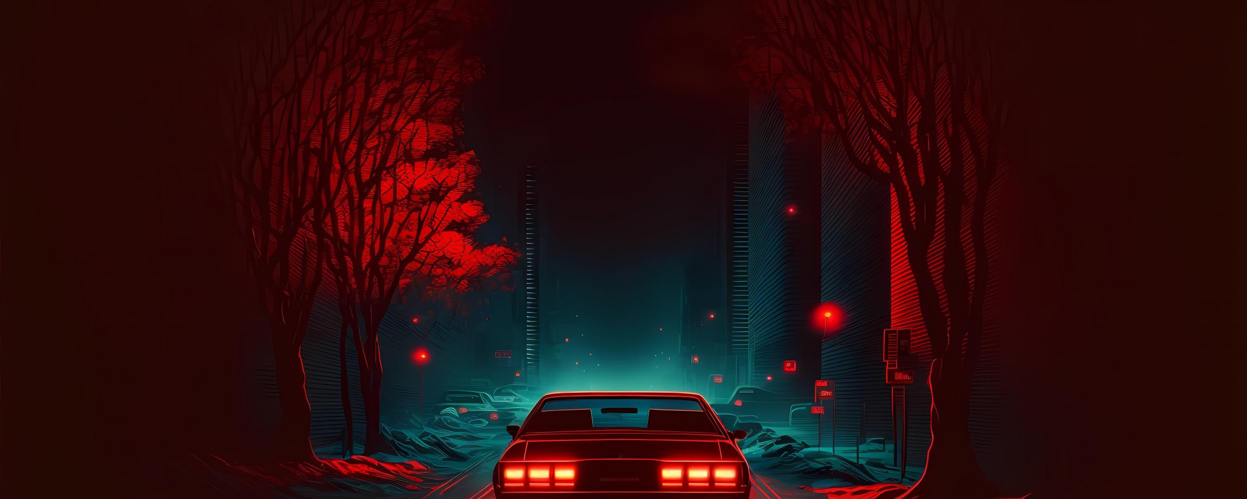 Red car on road, dark and minimal, digital art, 2560x1024 wallpaper