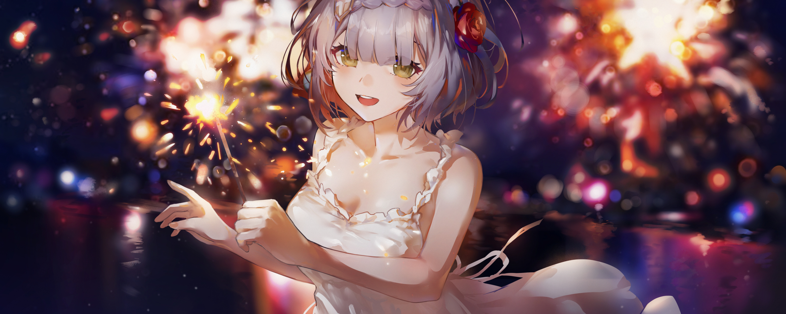 White dress, cute anime girl, art, 2560x1024 wallpaper