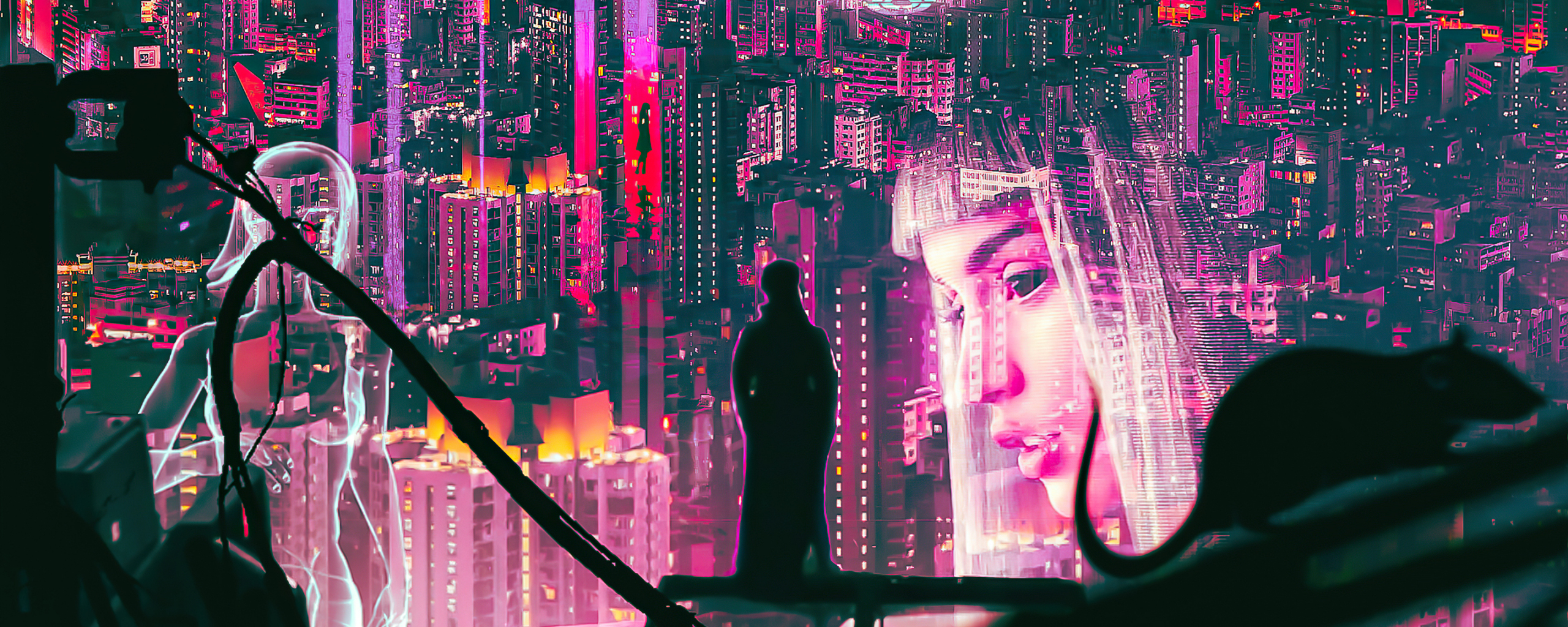 The Night Begin, Ghost in The Shell, art, 2560x1024 wallpaper