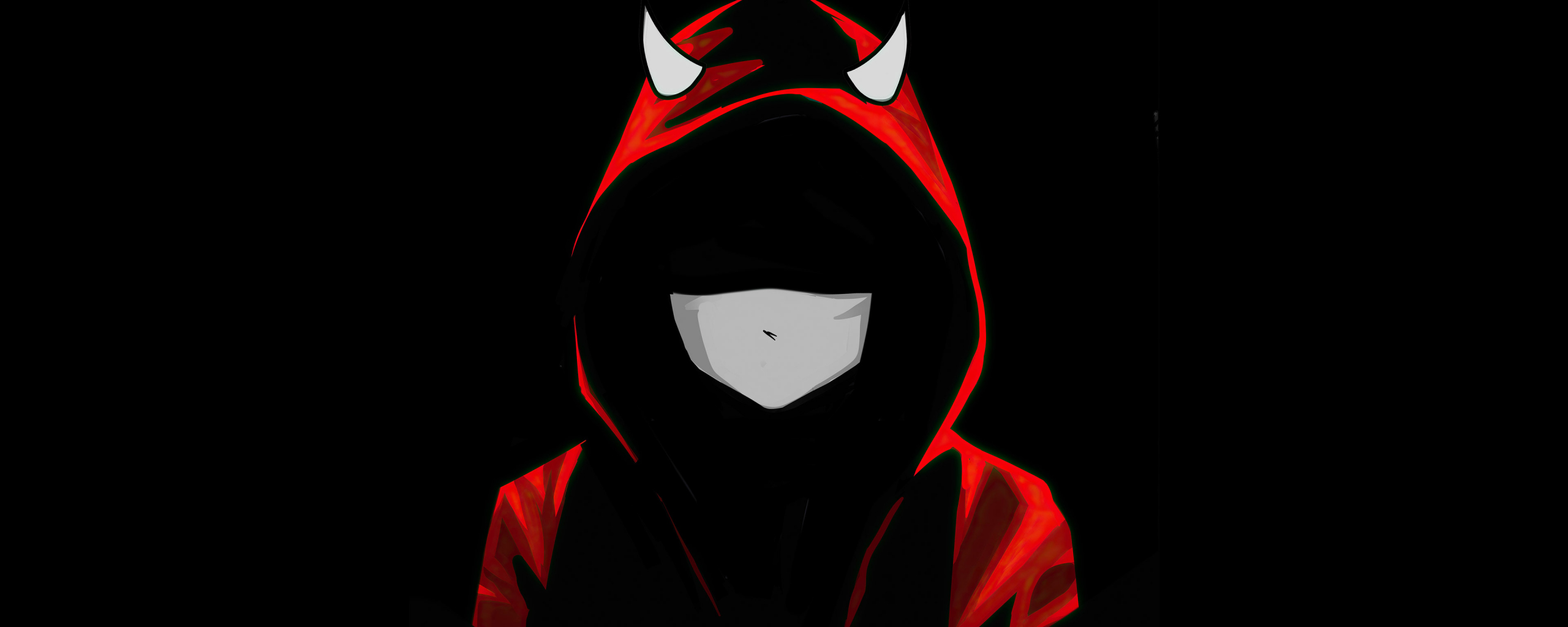 Download wallpaper 2560x1024 devil boy in mask, red hoodie, dark, dual ...
