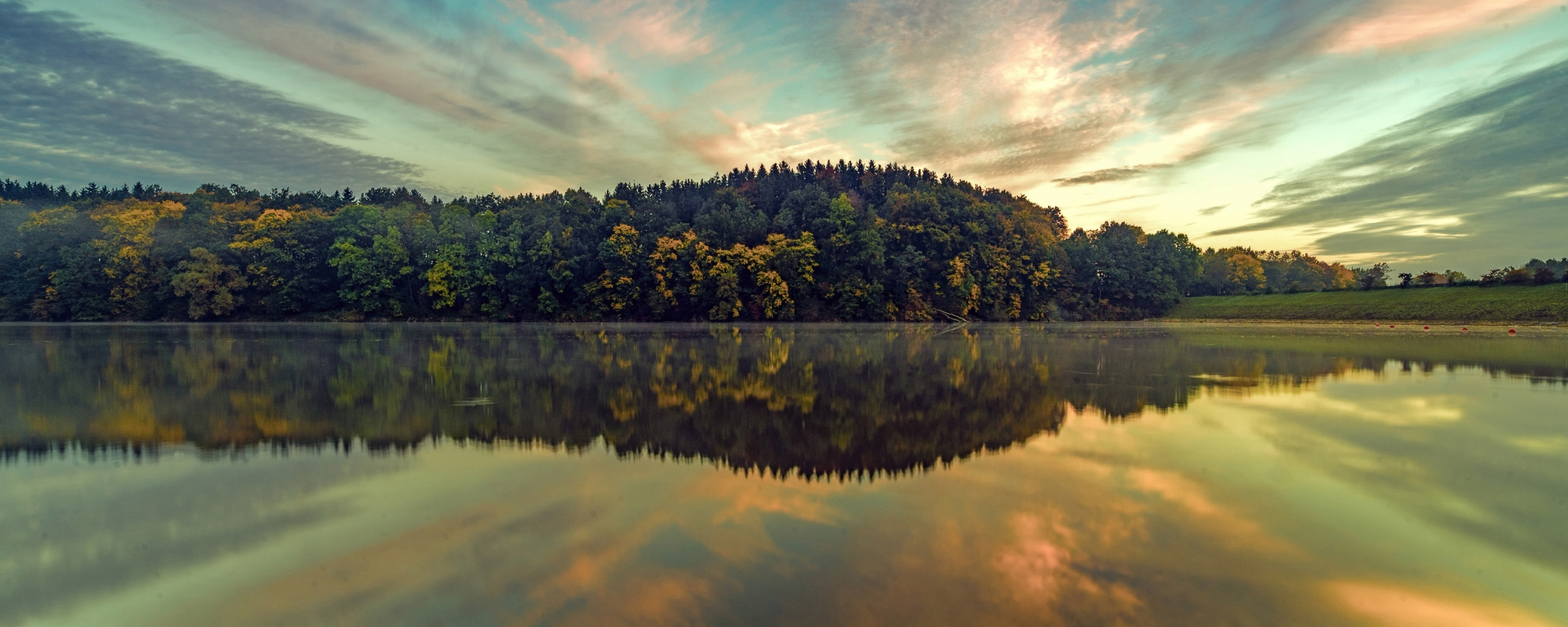 Download wallpaper 2560x1024 trees, sky, lake, reflections, nature ...