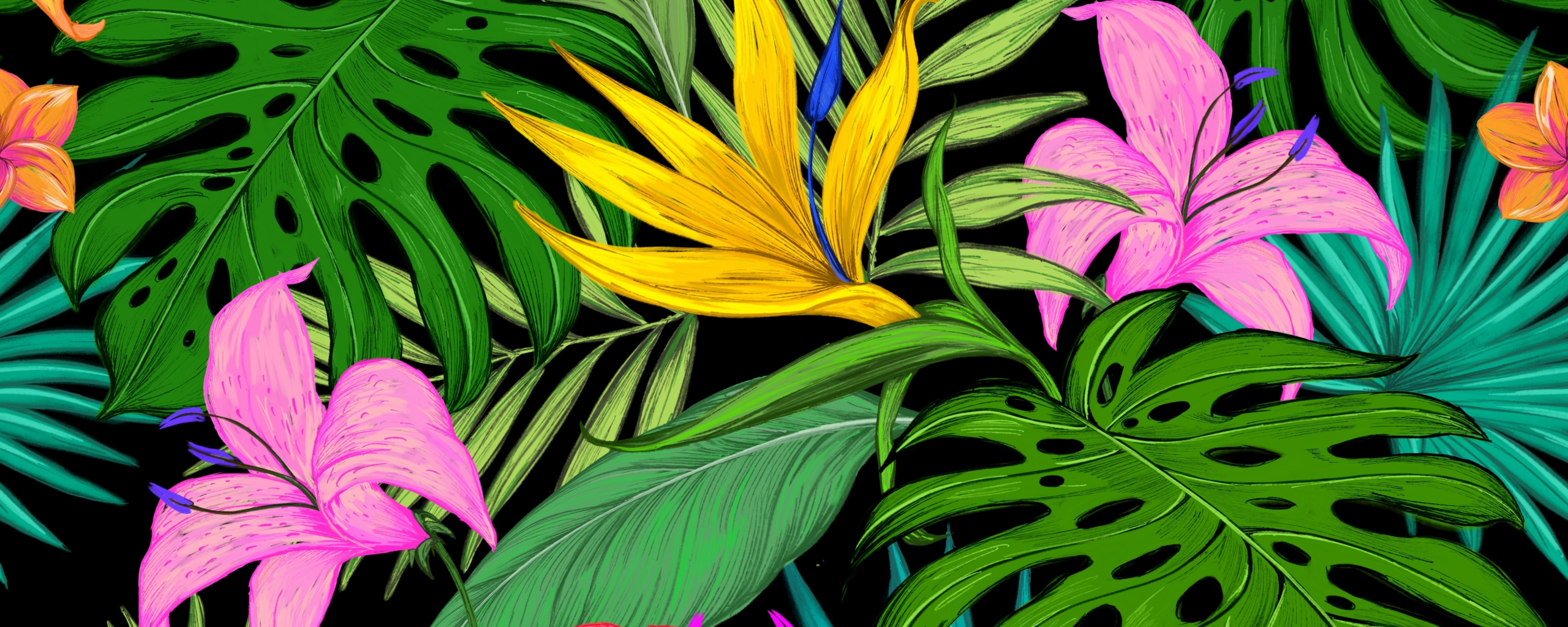 Pattern, tropical, flowers, leaves, 2560x1024 wallpaper