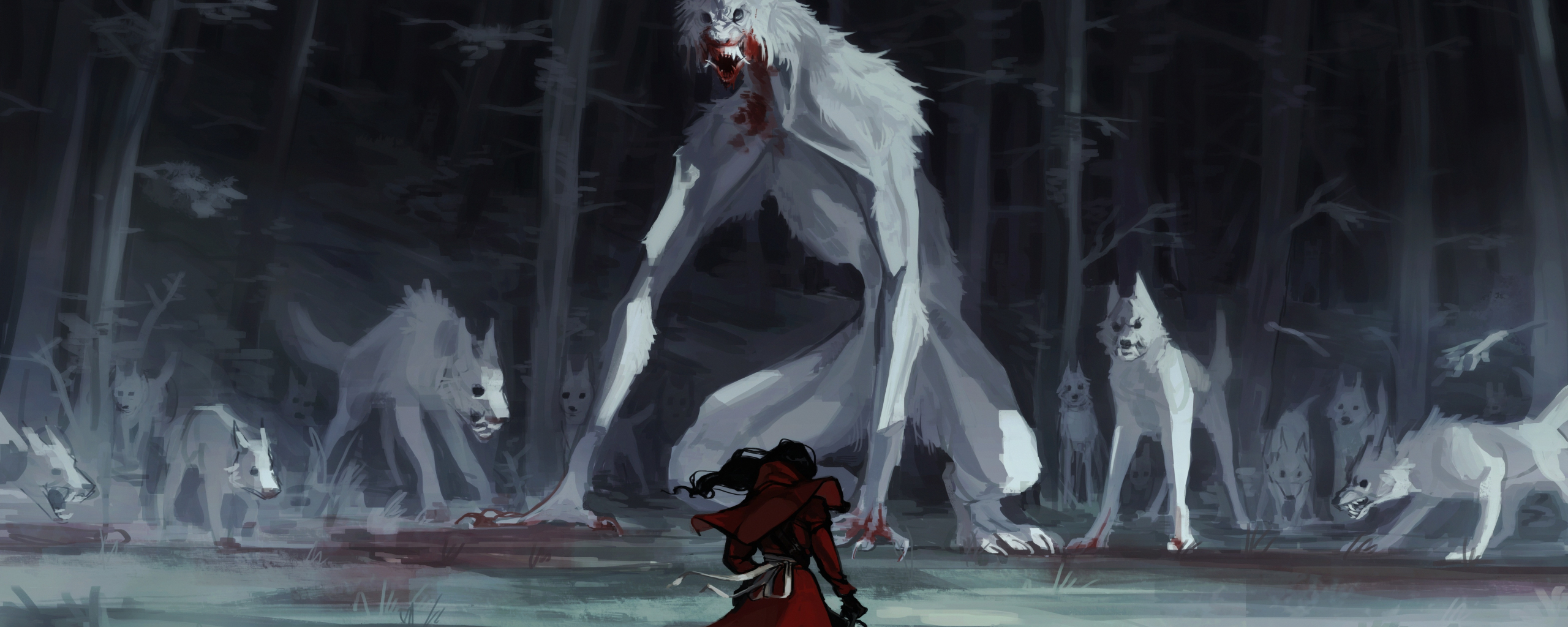 Red riding hood, wolf, fantasy, art, 2560x1024 wallpaper