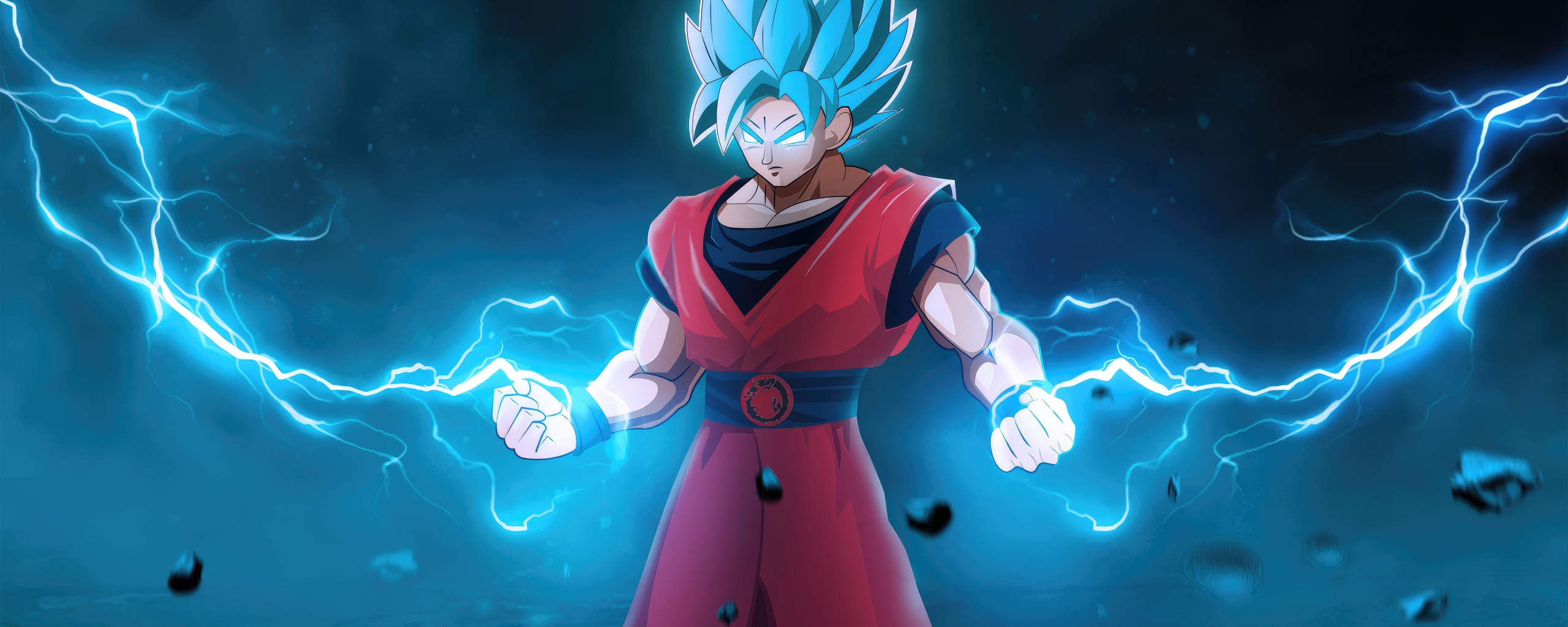 Goku with lightening powers, blue, anime, 2560x1024 wallpaper