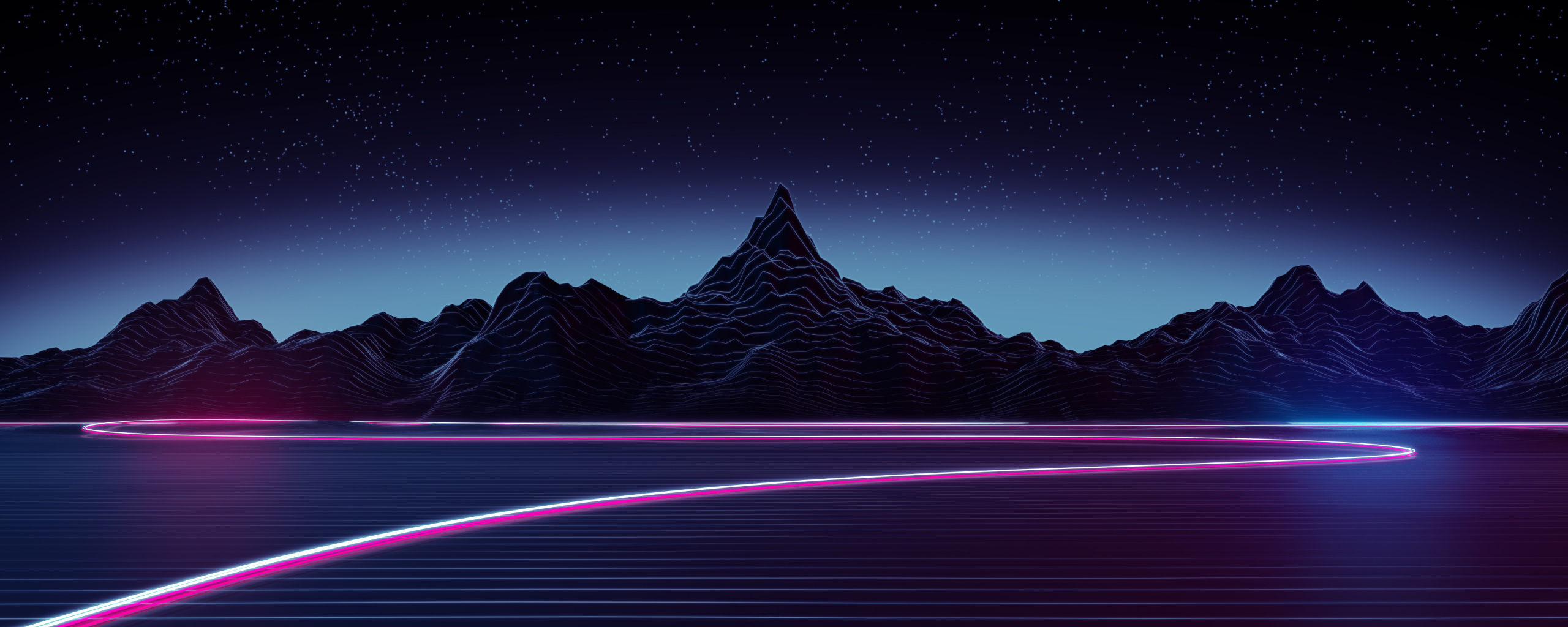 Retrowave art, dark mountains, 2560x1024 wallpaper