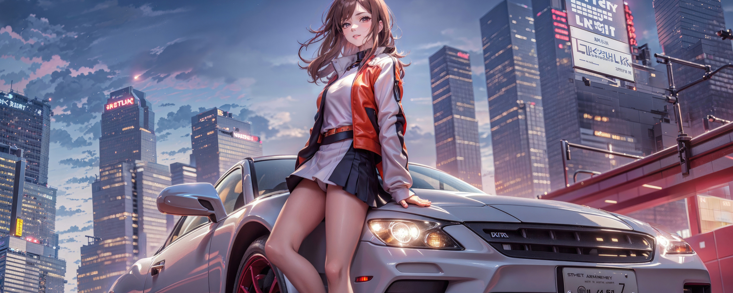 Anime girl with a car, beautiful, art, 2560x1024 wallpaper
