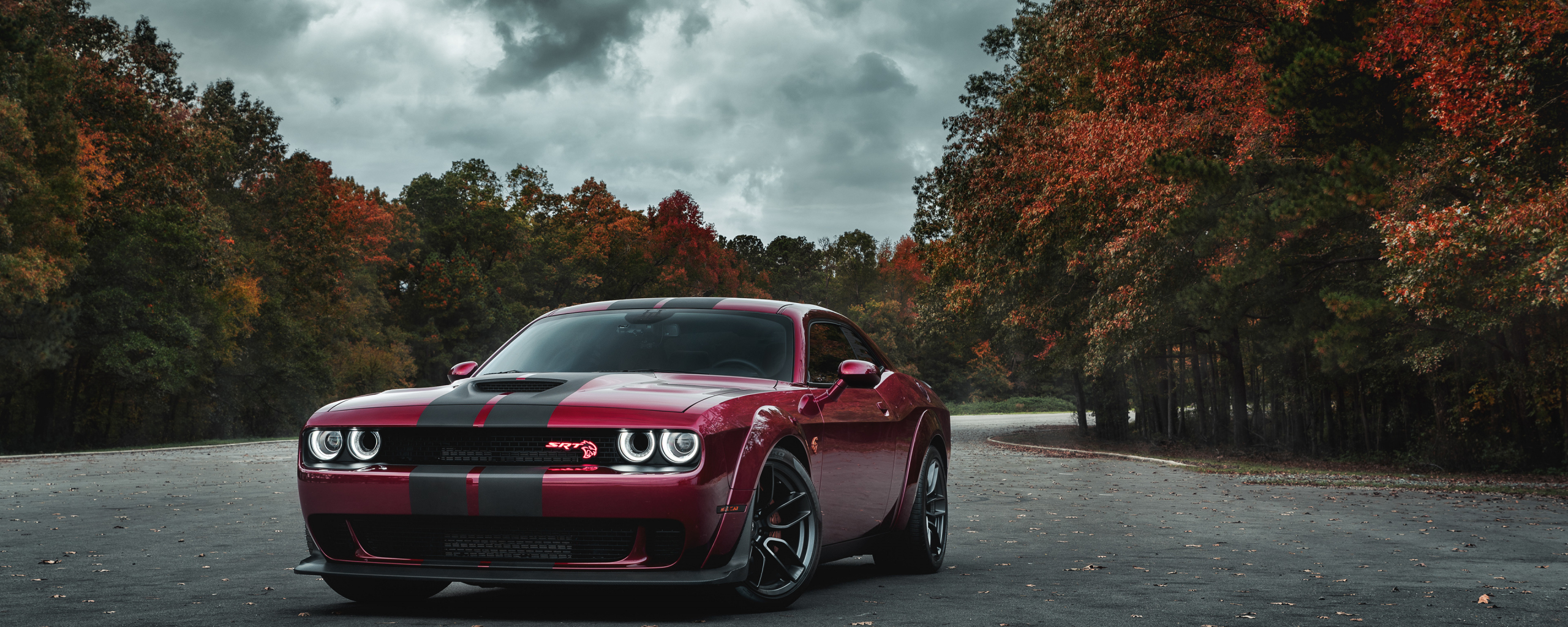 Dodge Challenger SRT Hellcat, muscle car, blood-red car, 2560x1024 wallpaper