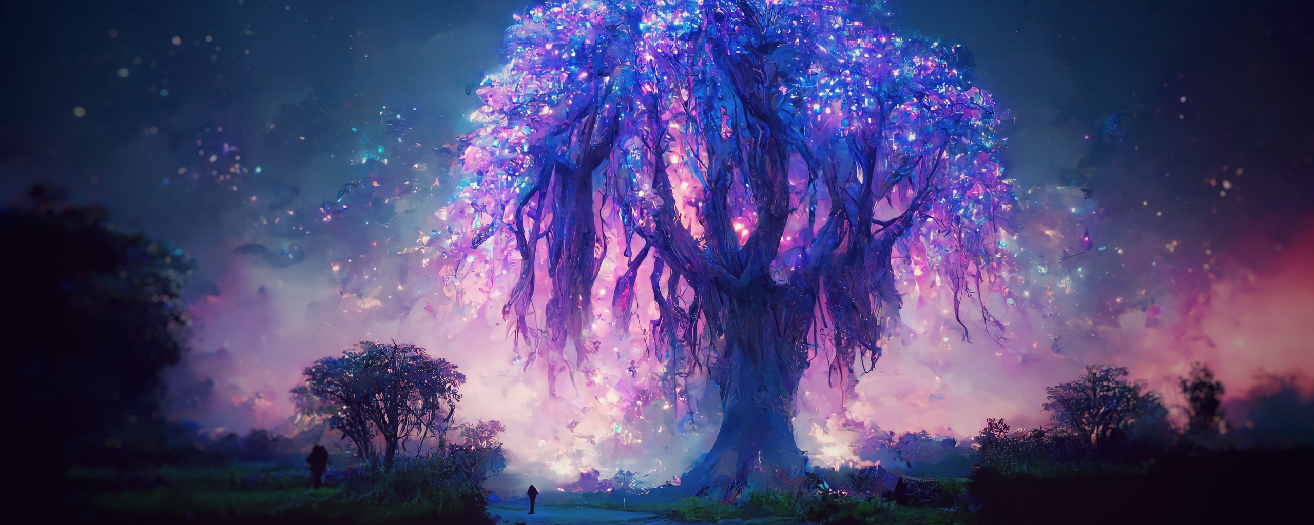 Download wallpaper 2560x1024 night, violet tree, fantasy, dual wide 21: ...