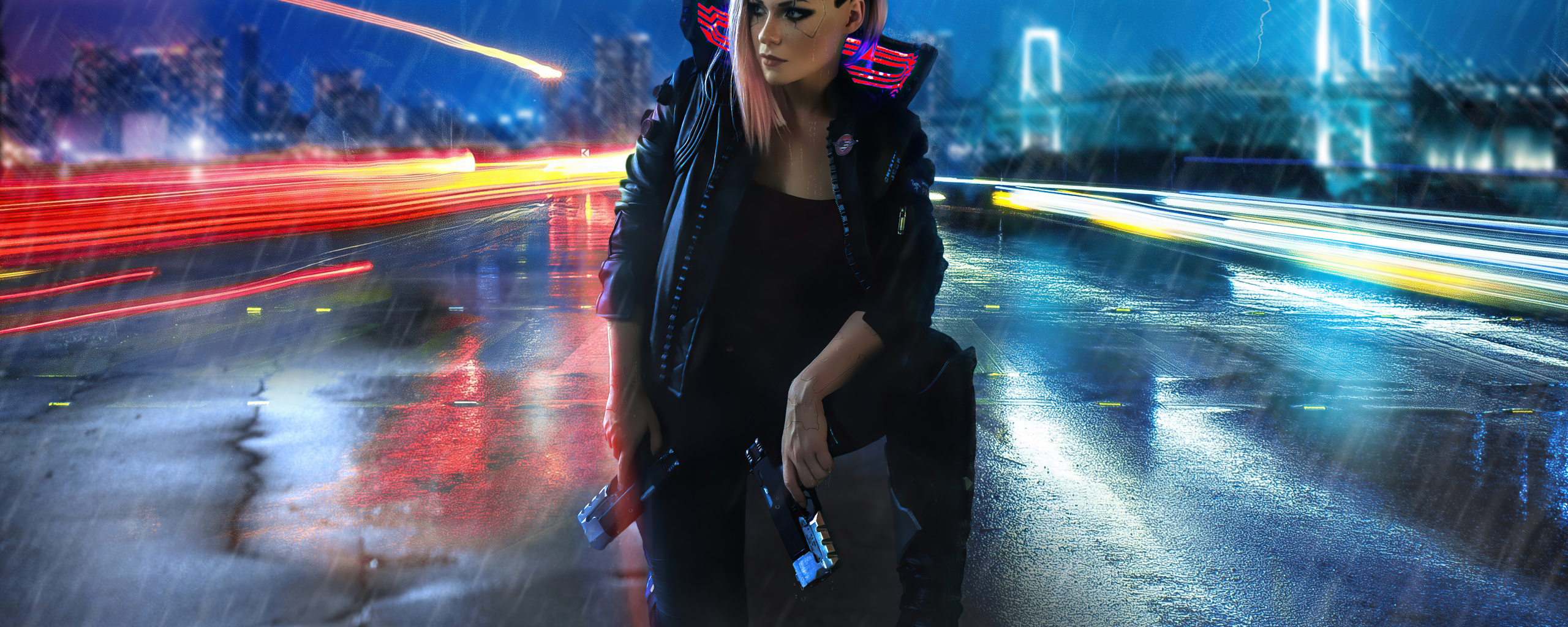 Girl and gun, video game, cyberpunk 2077, 2560x1024 wallpaper