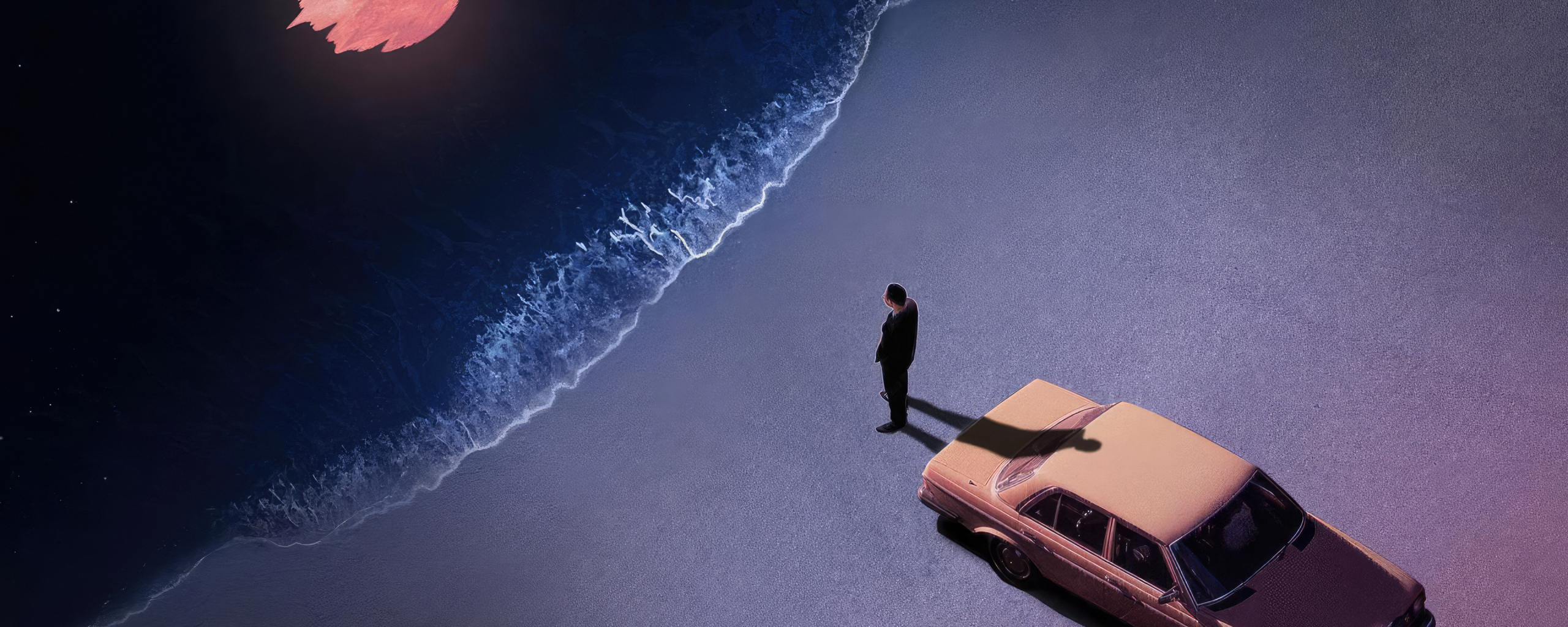 Lonely at night at the beach, car and man, art , 2560x1024 wallpaper
