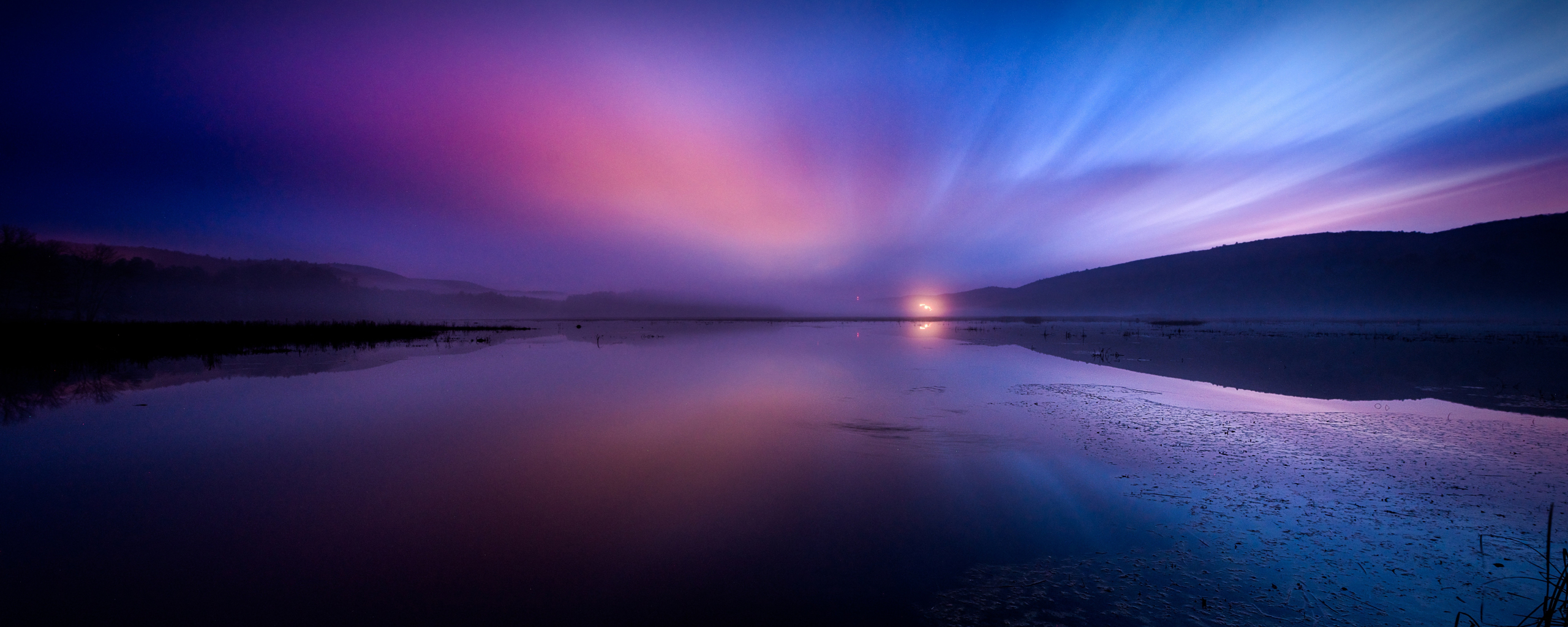 Download wallpaper 2560x1024 sunset, reflections, nature, blue-pink sky ...