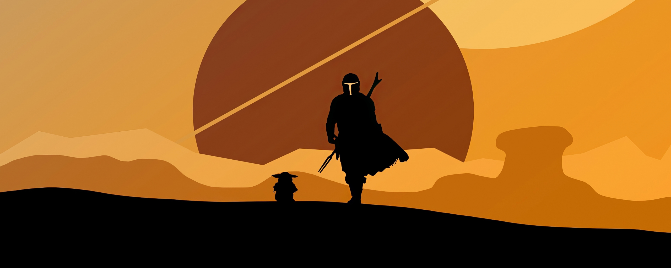 2020, The Mandalorian and Yoda, minimal, silhouette, artwork, 2560x1024 wallpaper