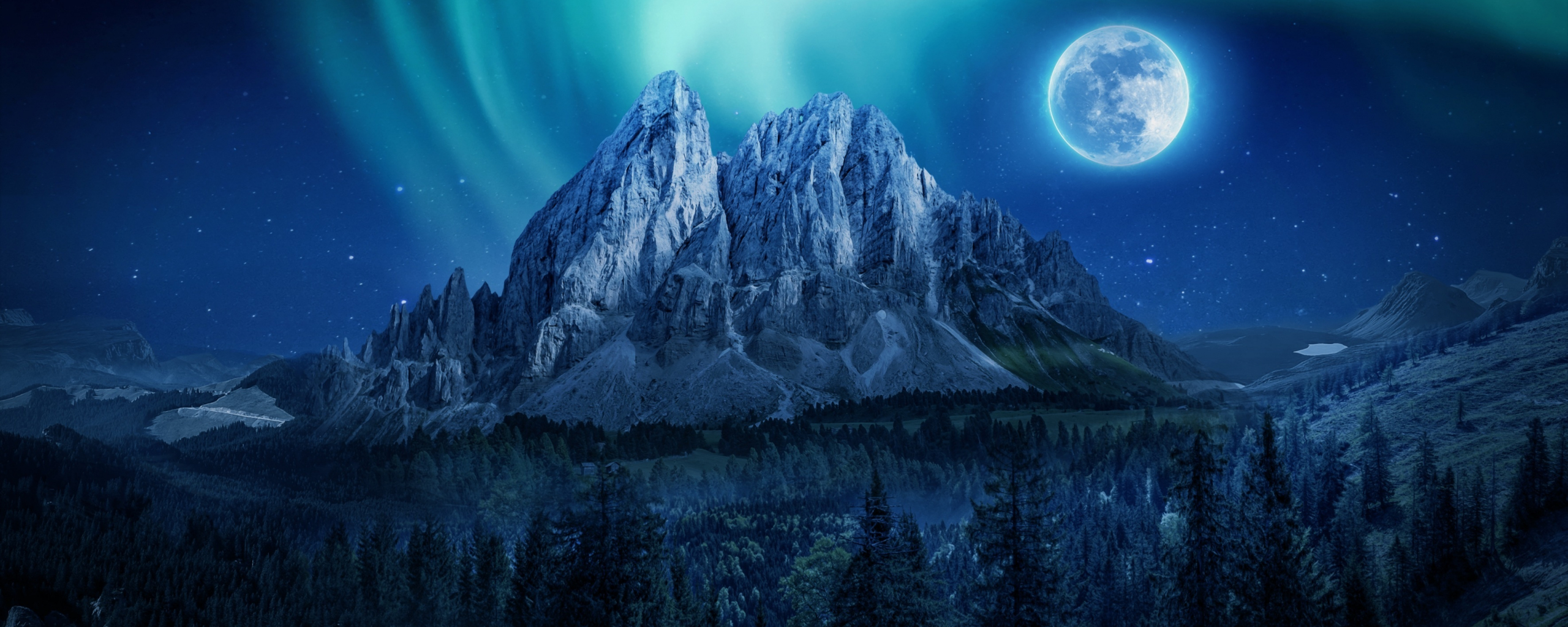 Download wallpaper 2560x1024 mountain, aurora, moon, night, dual wide ...