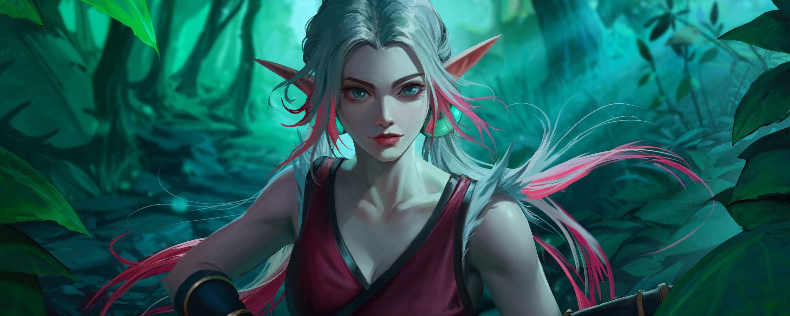 Beautiful elf girl, white-pink hair, fantasy, 2560x1024 wallpaper