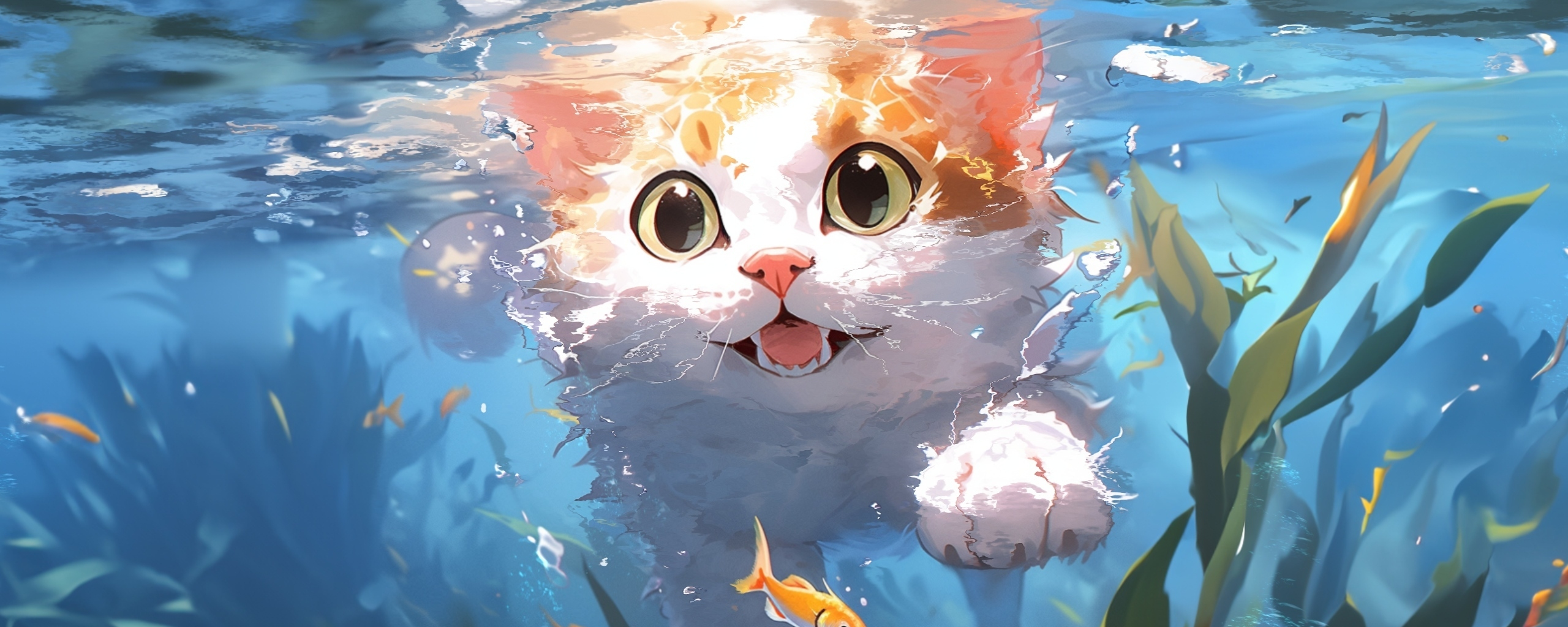 Cute kitten, swim underwater, art, 2560x1024 wallpaper