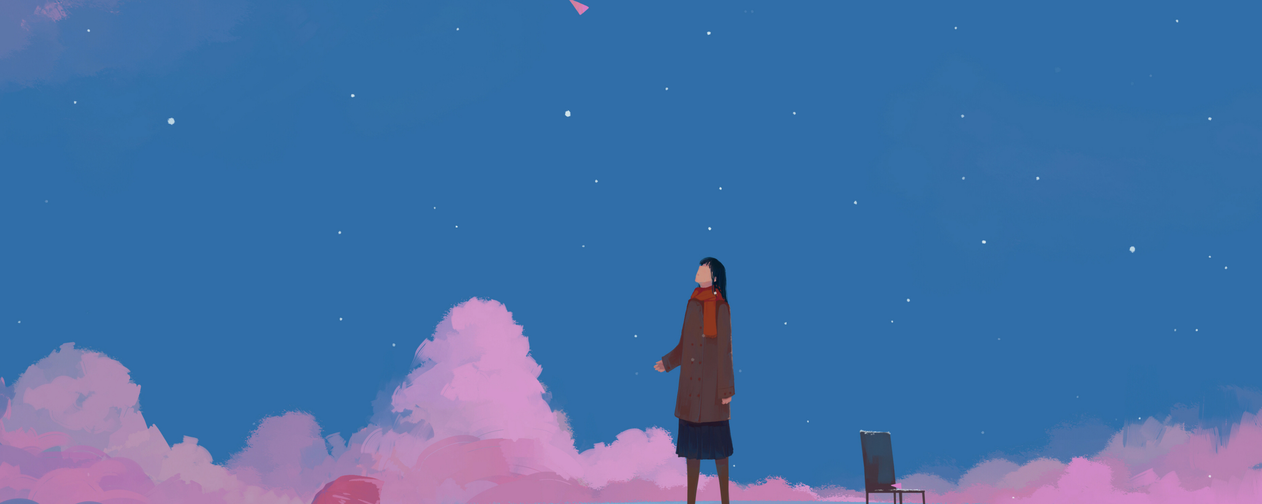 Download wallpaper 2560x1024 minimal, sky, clouds, anime girl, umbrella ...