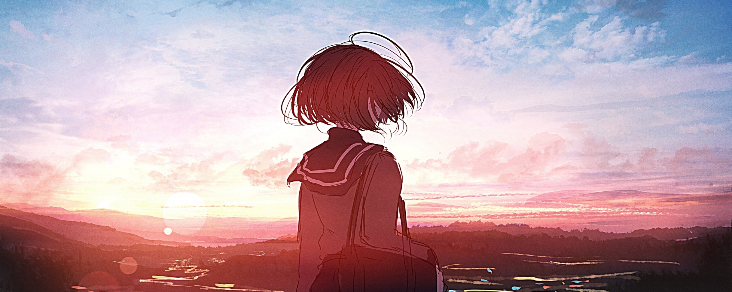 Download wallpaper 2560x1024 anime girl, sunset, outdoor, art, dual