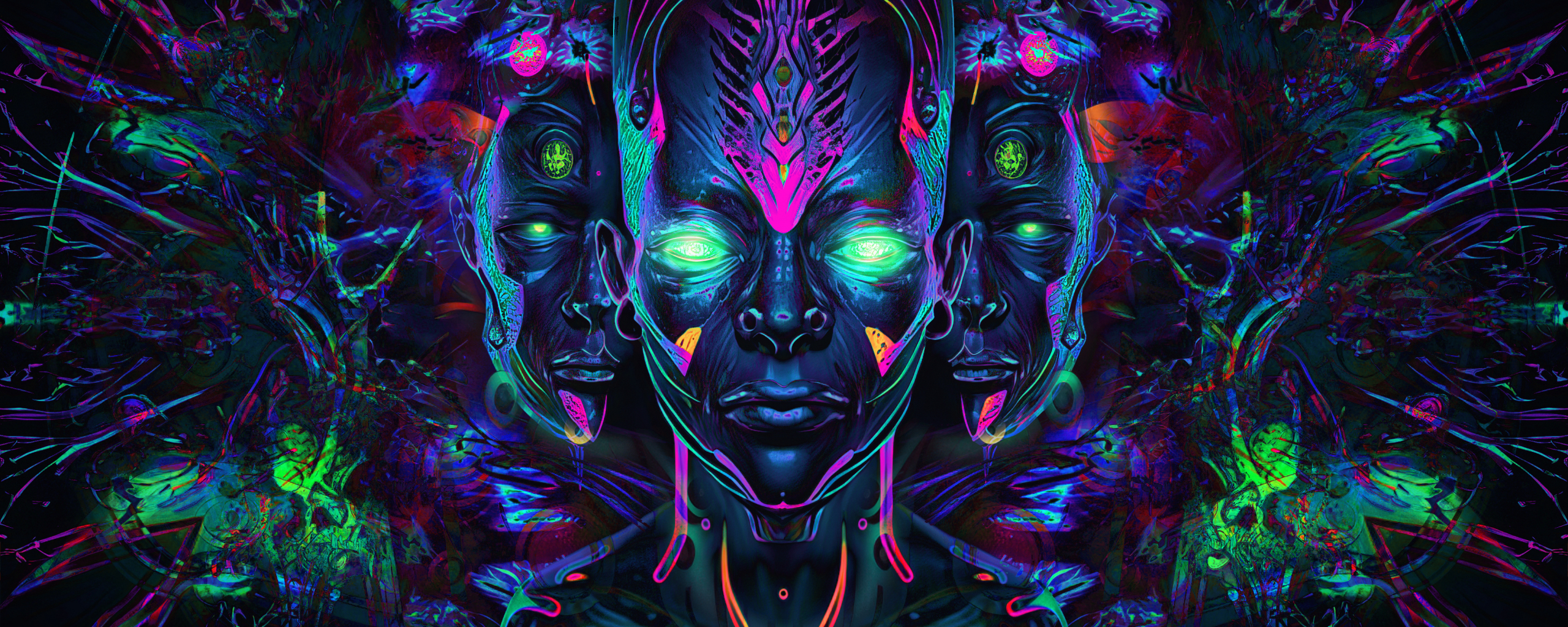 Psychedelic art, abstract, dark, 2560x1024 wallpaper