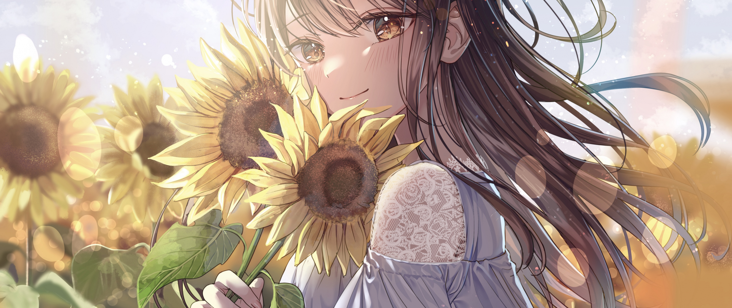 Sunflower and cute girl, anime, 2560x1080 wallpaper