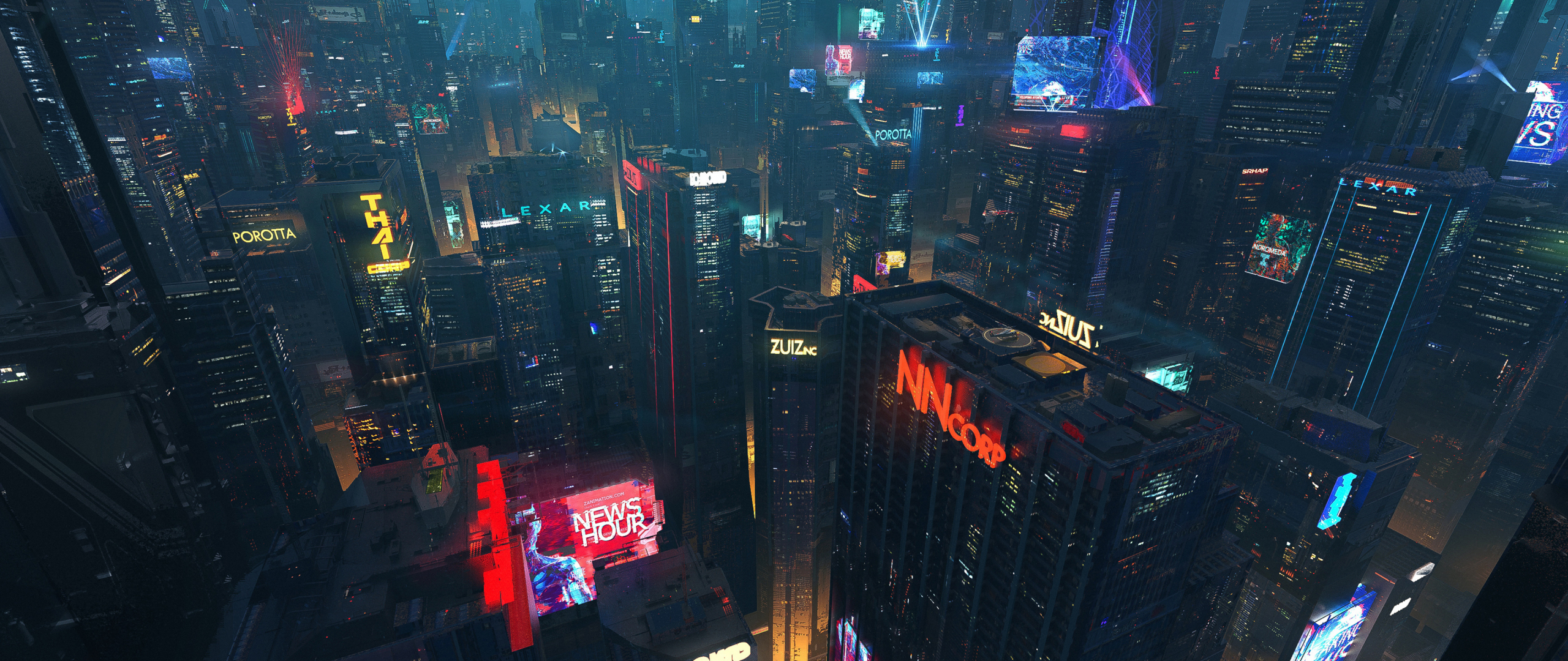 Download Cityscape, futuristic city, night, buildings, dark 2560x1080 wallp...