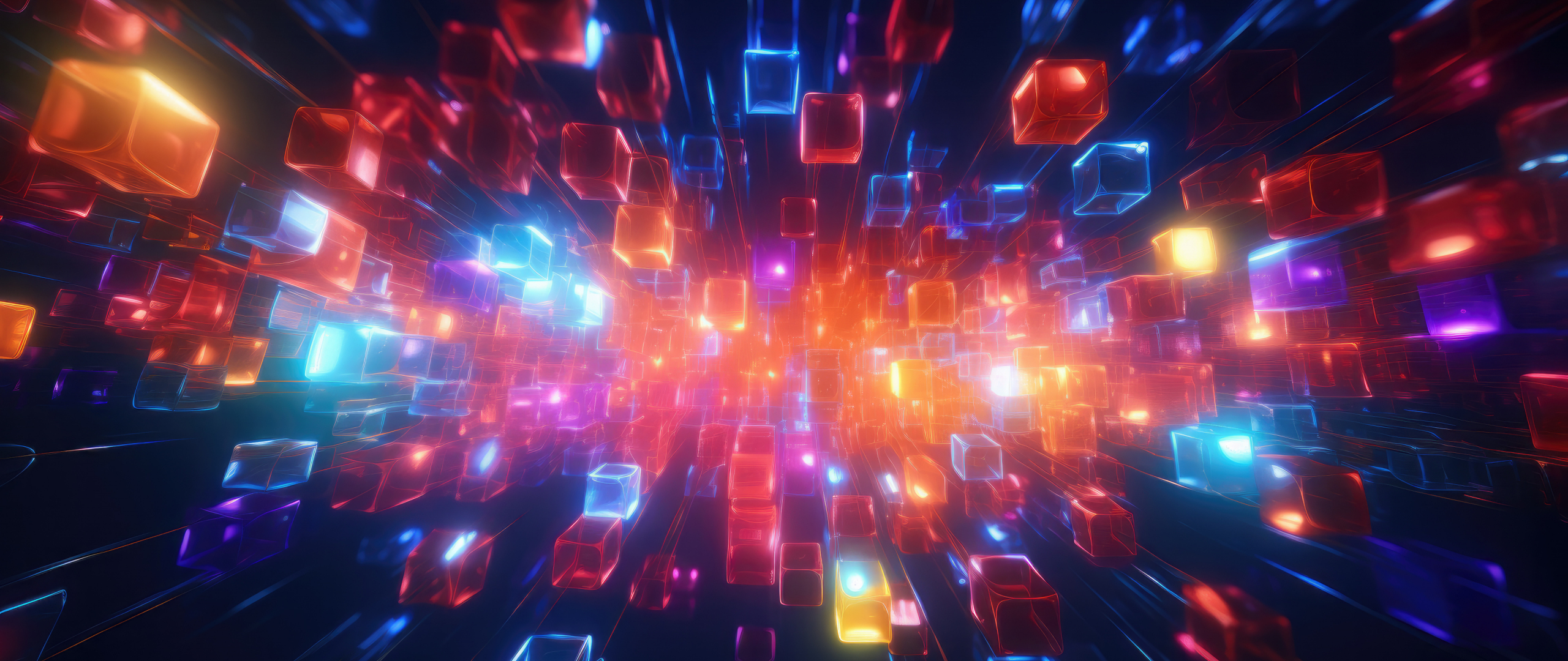 Abstract, lights cubes, colorful, 2560x1080 wallpaper