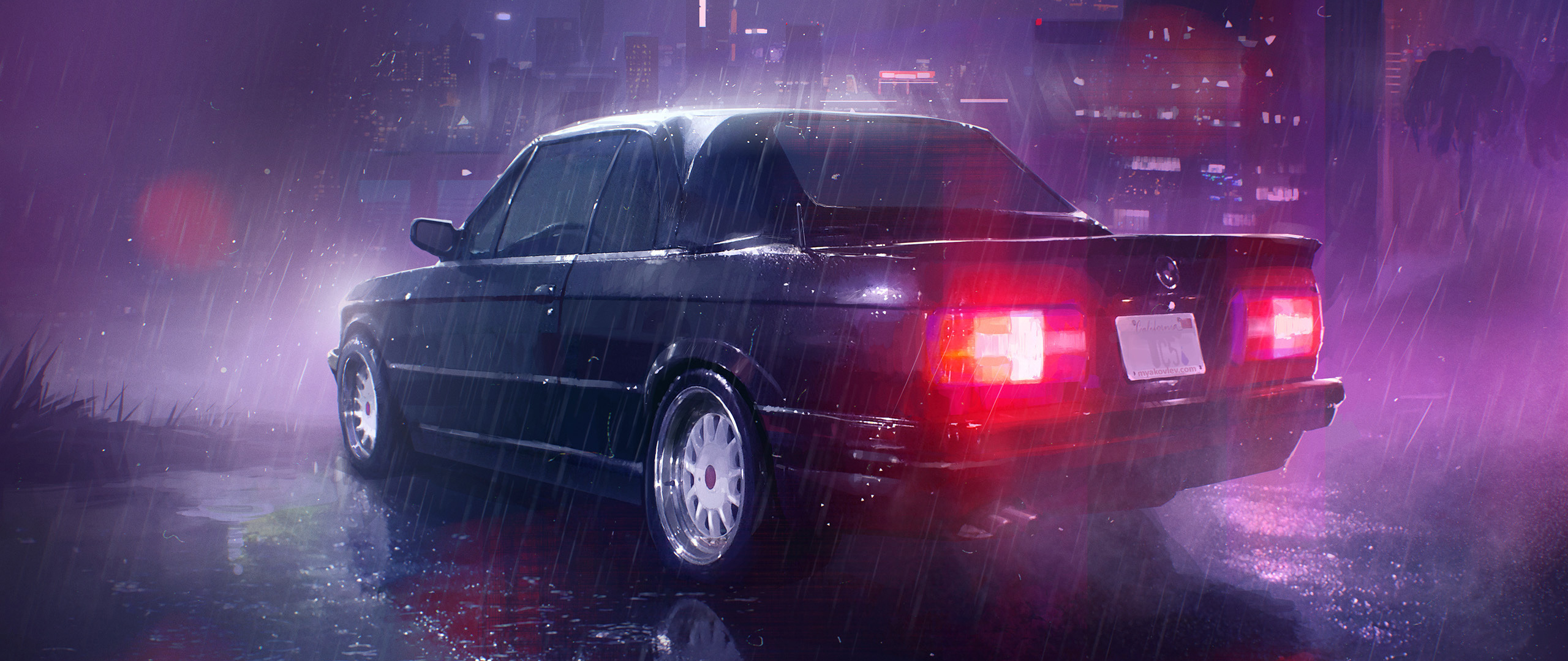 Rain, neon lights, taillight, car, art, 2560x1080 wallpaper