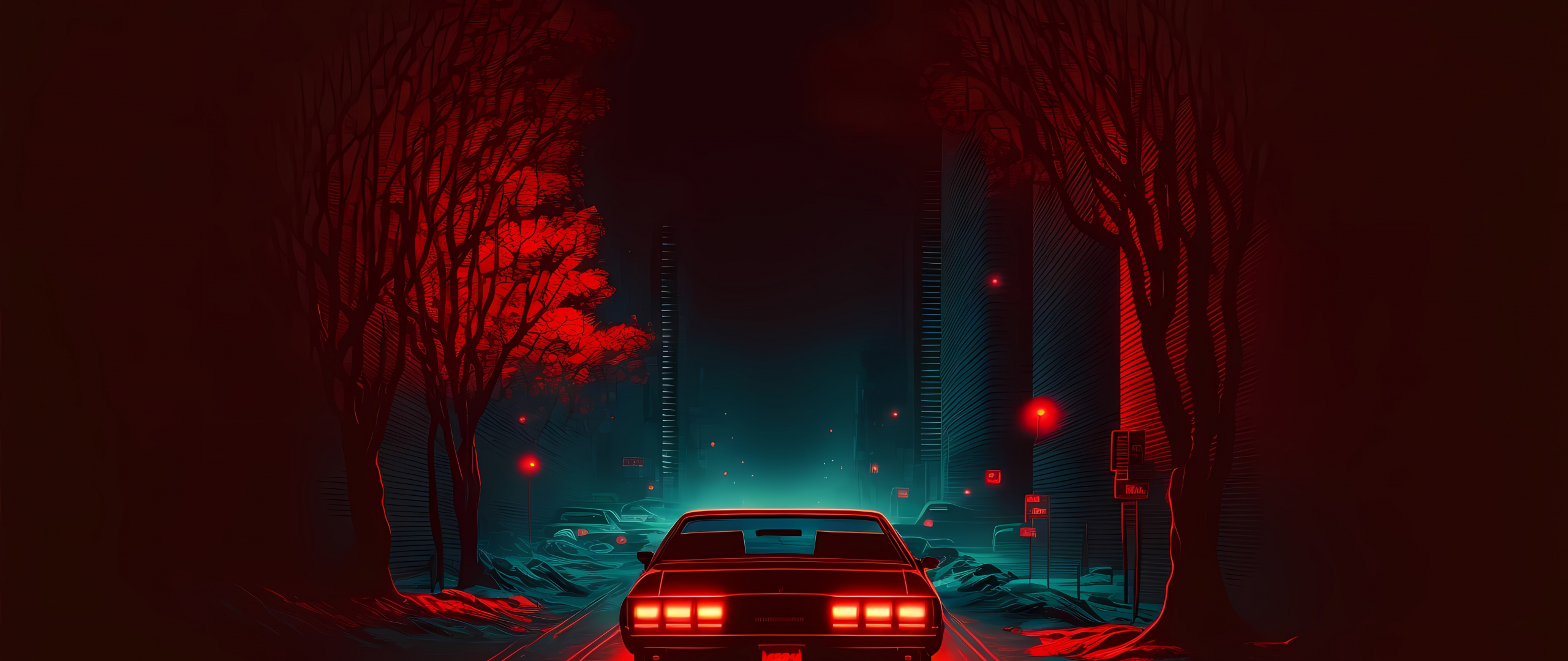 Red car on road, dark and minimal, digital art, 2560x1080 wallpaper