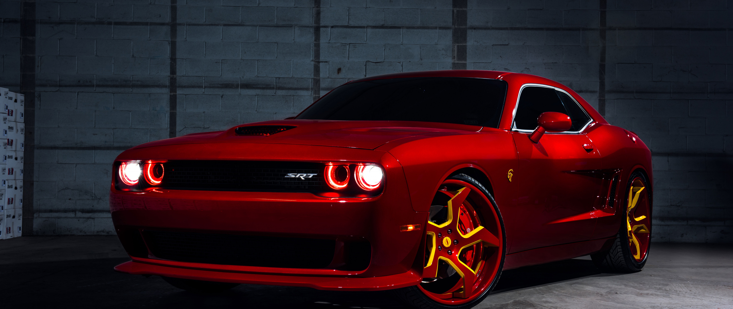 Red, Dodge Challenger SRT Hellcat, flashlight, 2560x1080 wallpaper