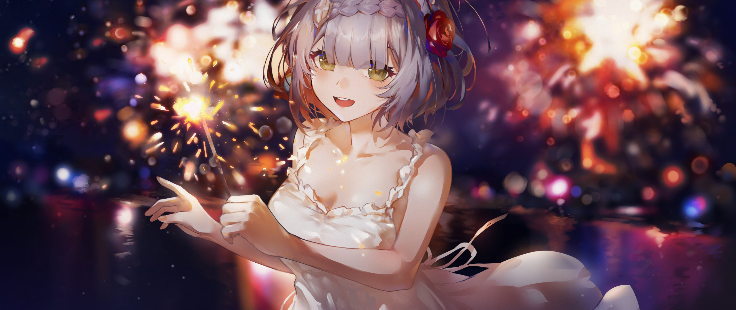White dress, cute anime girl, art, 2560x1080 wallpaper