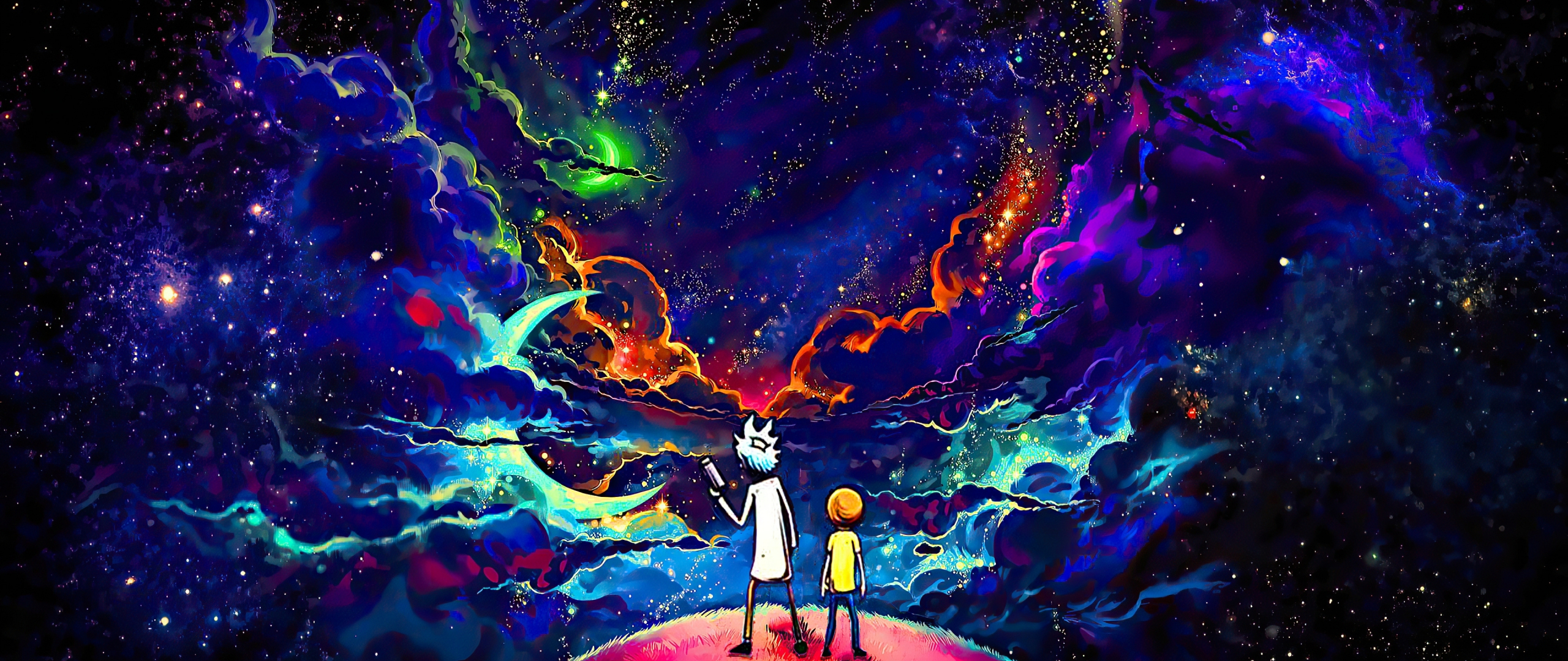 Rick and Morty, orange-dark space, art, 2560x1080 wallpaper